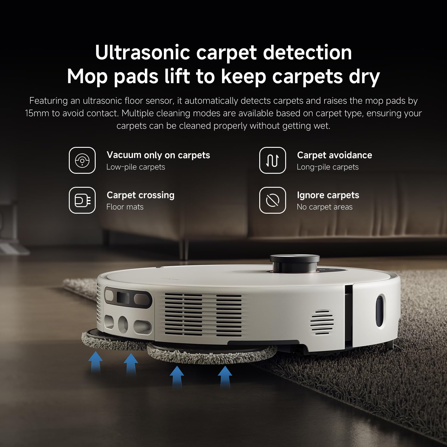 Xiaomi Robot Vacuum 5 Pro lifting its mop pads while crossing a carpet, with icons for various carpet cleaning modes