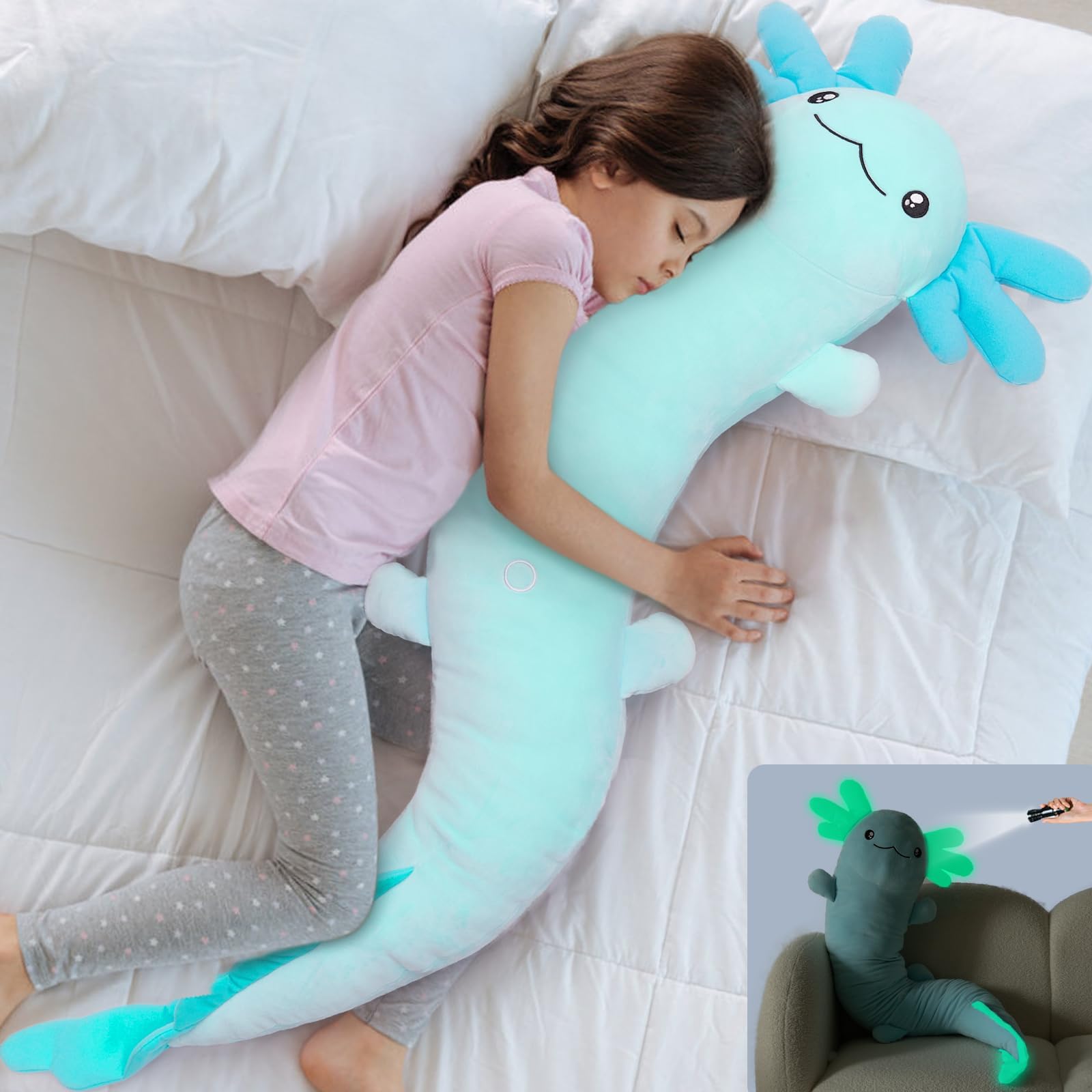 MaoGoLan Large Axolotl Plush Body Pillow,Big Salamander Plush Pillow Toy,XL Axolotl Stuffed Animal for Kids, Salamander Plushies Glow in The Dark,