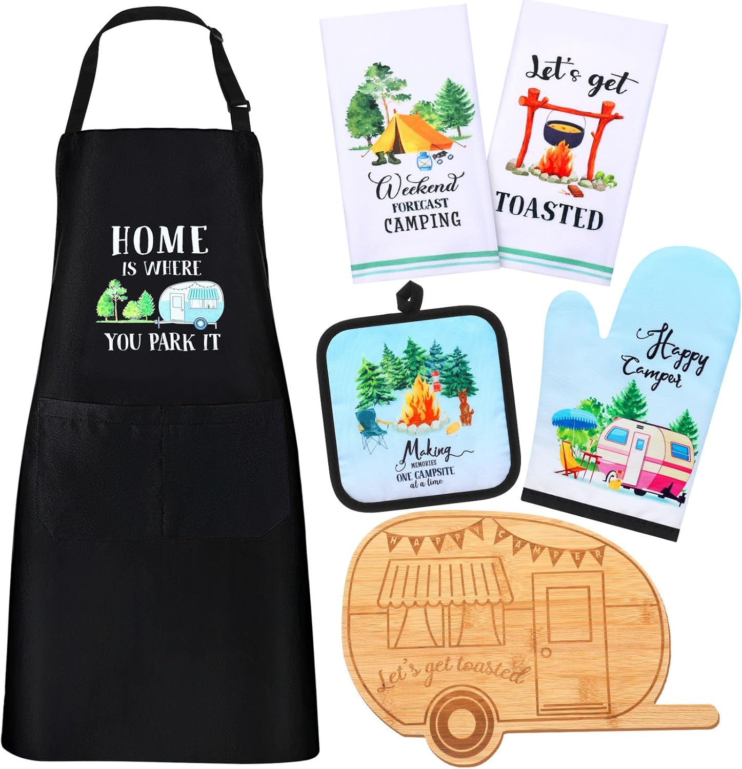 Suhine 7 Pcs Camping Gifts with Kitchen Towels Apron Oven Mitt Pot Holder Cutting Board Set Making Memories One Campsite at a Time Camper Gifts for RV Owners Women Kitchen Accessories Decor