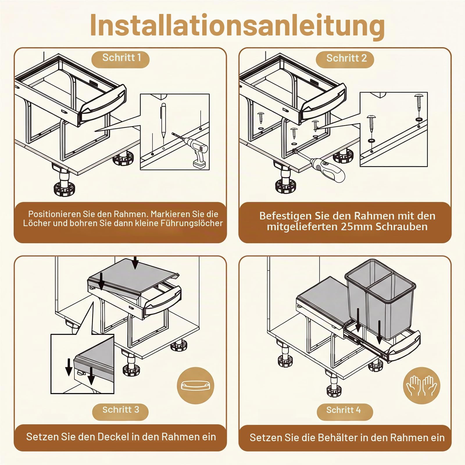 LIFEZEAL Abfallsammler 20L+20L, Ausziehbarer Einbaumülleimer für Unterschrank, Mülltrennsystem Küche mit 2 herausnehmbaren Fächern, Abfalleimer Mülleimer für Schränke, 50,5 x 33,5 x 41 cm, Grau