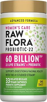 Raw Flora Womens Probiotics | Dr. Formulated 60 Billion CFU + Prebiotics | Digestive, Vaginal & Urinary Support | 33 Vegan Capsules with Cranberry & D-Mannose | Shelf Stable