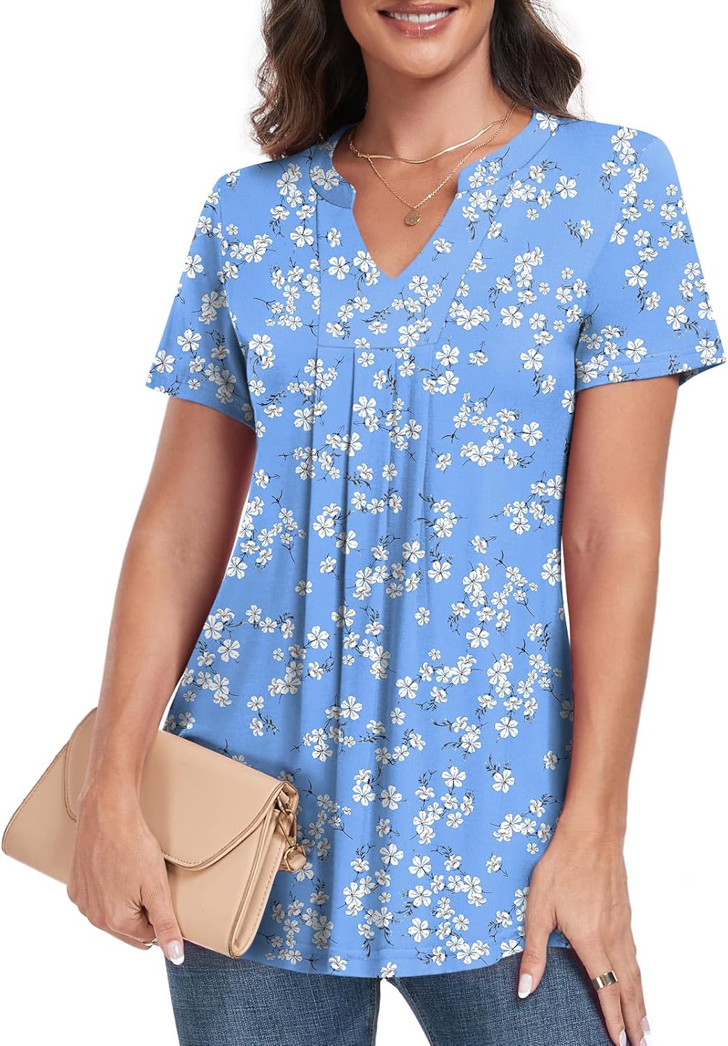 Womens Short Sleeve Tunic Tops 2025 Summer Dressy Casual Notch V Neck Shirts - Image 2