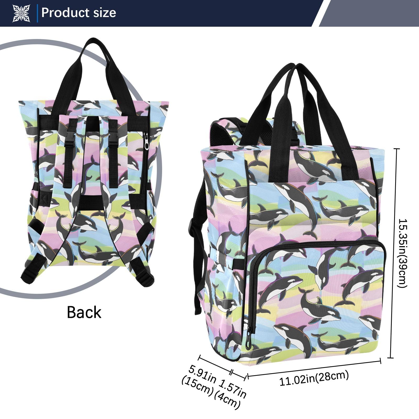 Mnsruu Carino Cartoon Rainbow Orcas Jumping Baby Diaper Bag Zaino Grande Borsa Impermeabile Viaggio Borse per pannolini per mamme e papà