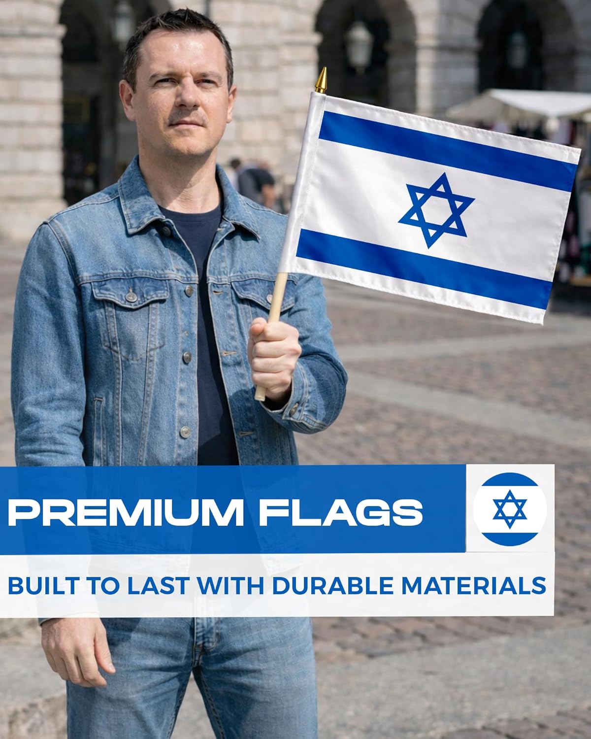 AGAS Flags Israel Stick Flag 12x18 Inch, Polyester Fabric with 24" Natural Wood Pole and Gold Ball Spear Top 12"x18" Inches Economy Polyester.