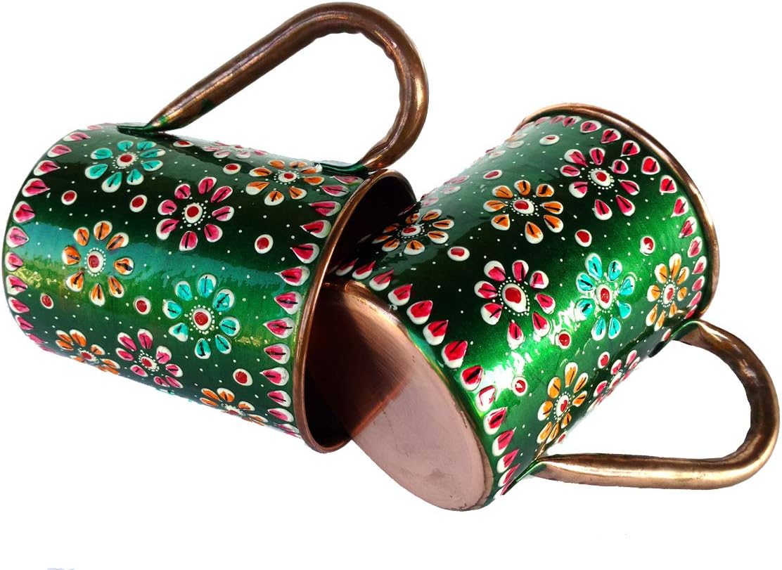 Rastogi Handicrafts Handmade Pure Copper Outer Hand Painted Art Work Wine, Vodka, Beer,Cocktail,Juice, Cold Coffee Straight Mug - Cup 16 oz (2) (GERRN)