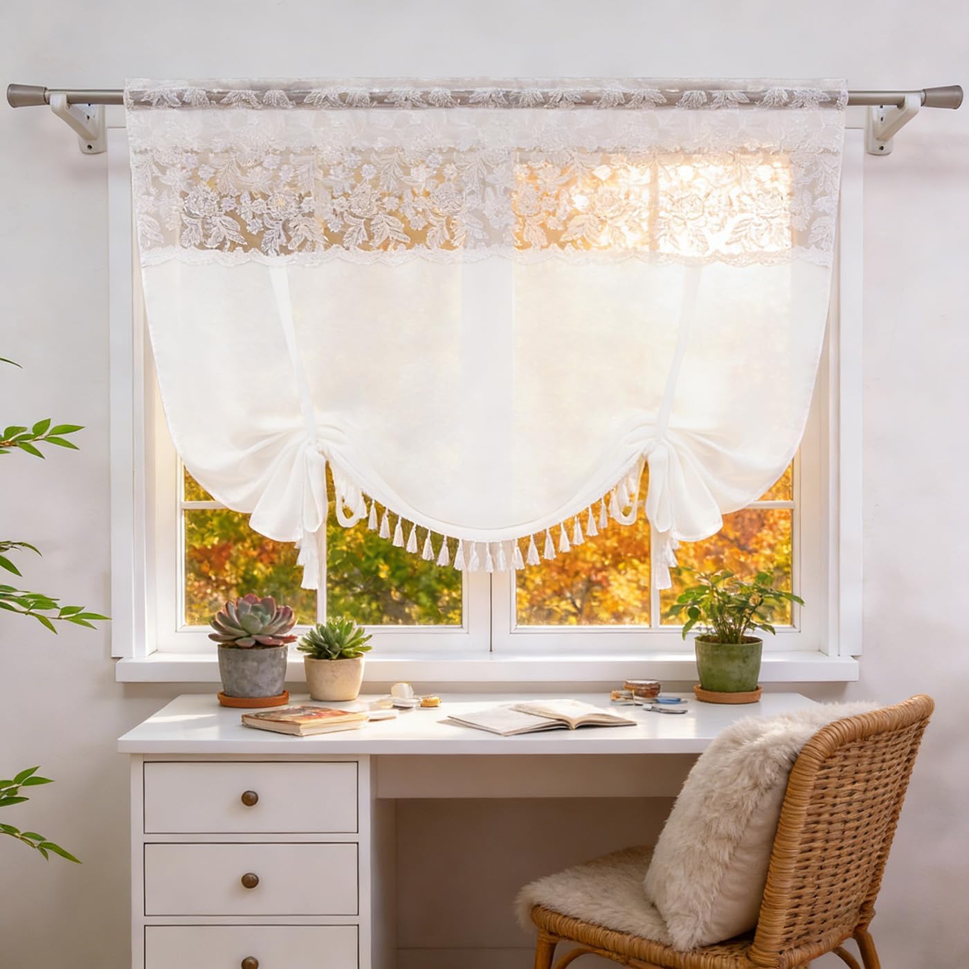 Boho Tassel Floral Lace Tie Up Curtains Rustic Farmhouse Balloon Shades White Valance Light Filtering Adjustable Rod Pocket for Small Window Kitchen Bathroom W42 X L63 Inches 1 Panel