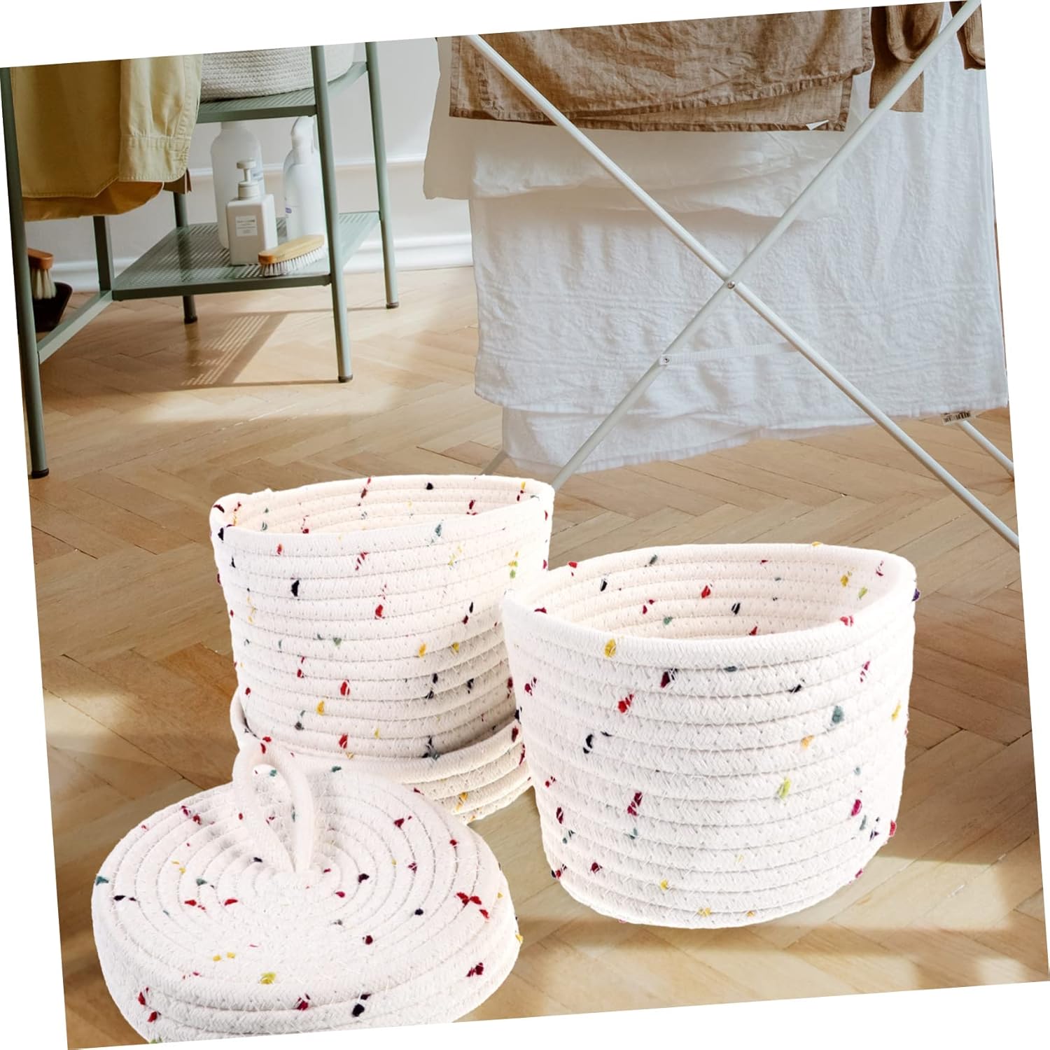 Cabilock 2pcs Small Woven Cotton Rope Decorative Storage Bins Lid for Organizing Socks Underwear Toys for Home Bathroom Living Room Decor