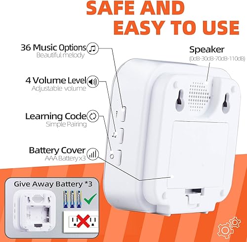 Miniatura 7 de Timbre inalámbrico de 1200 pies, funciona con pilas, timbre inalámbrico para personas con discapacidad auditiva en el hogar con 36 melodías, 4 luces