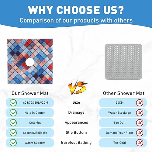Miniatura 10 de Alfombrilla de ducha cuadrada antideslizante 24 x 24 pulgadas con orificio de drenaje en el medio - Esponja de PVC antideslizante para ducha interior