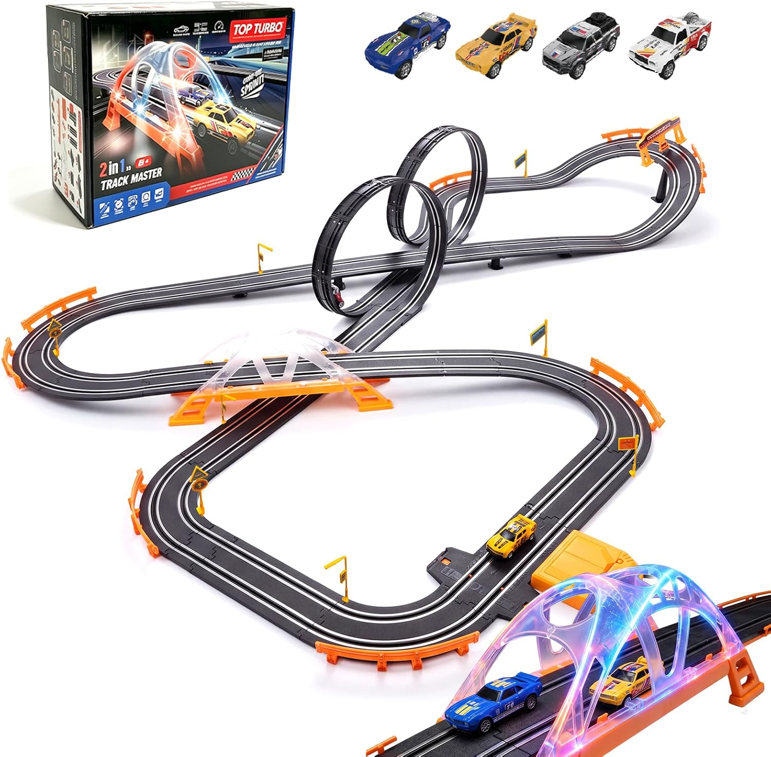 Slot Car Race Track Set for Kids – 28ft Electric Race Car Track with 4 Slot Cars, Dual Racing Tracks, Lap Counter & LED Overpass, Car Track Toy Gift for Boys Ages 6–12