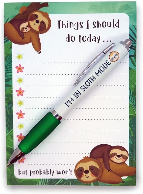 Cute Sloth To Do List Notepad and Pen Gift Set - 100 Sheet A6 Notepad &" I'M IN SLOTH MODE" Green Grip Pen