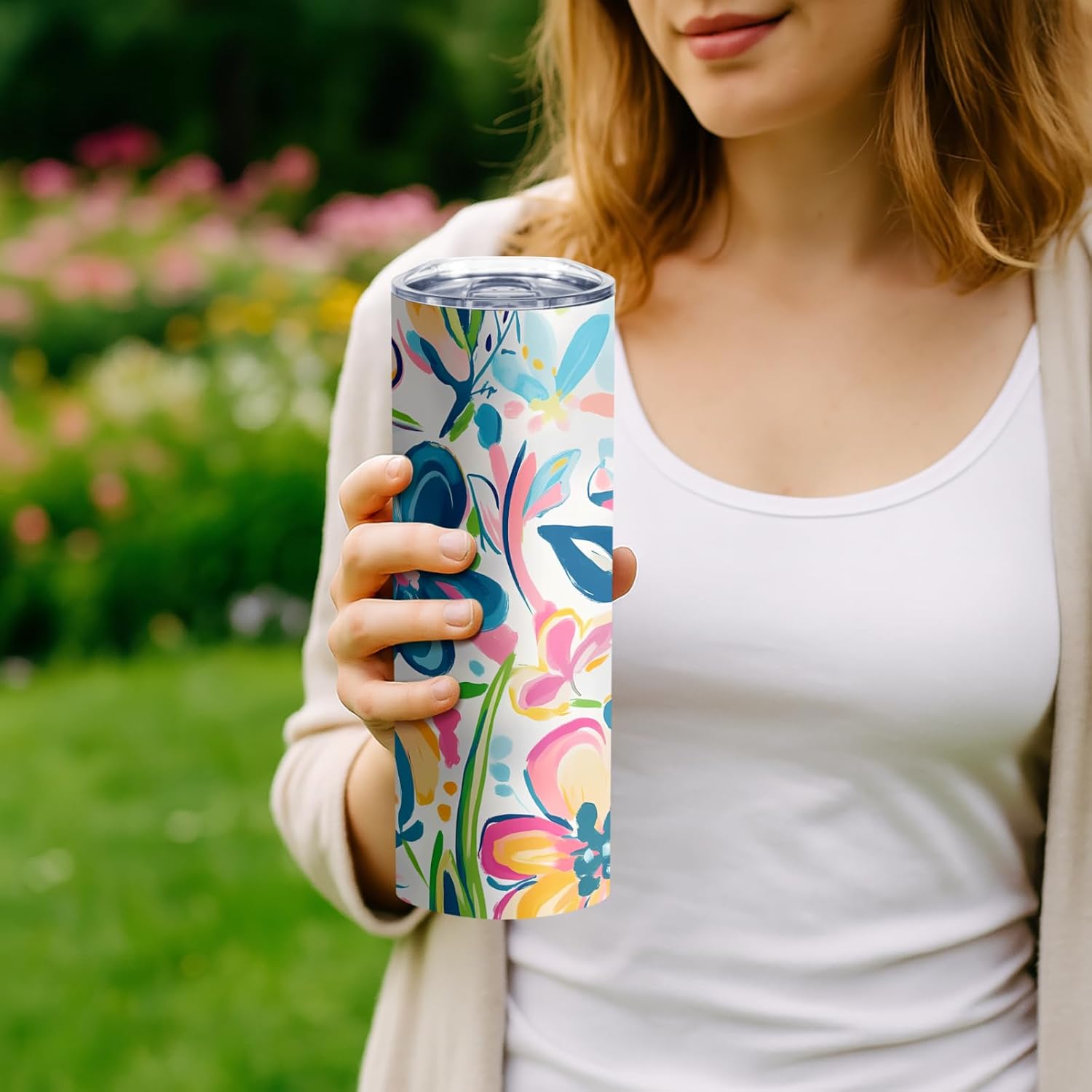 Floral Boho Skinny Tumbler, 20oz Hand-Painted Flower Travel Mug for Women,Stainless Steel Coffee Cup with Lid, Colorful Art Lover Gift - Image 6