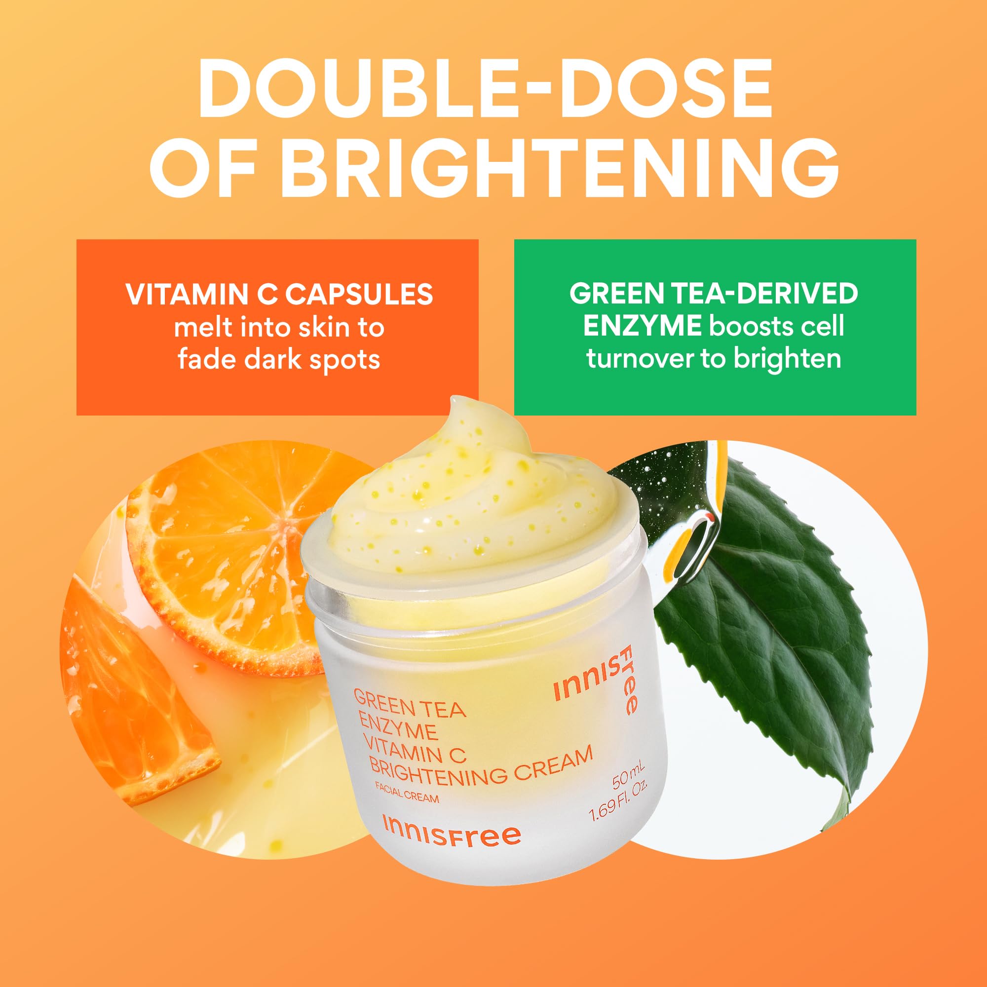innisfree Green Tea Enzyme Vitamin C Brightening Cream, Korean Face Moisturizer for Dark Spots, Hydration & Radiant Skin