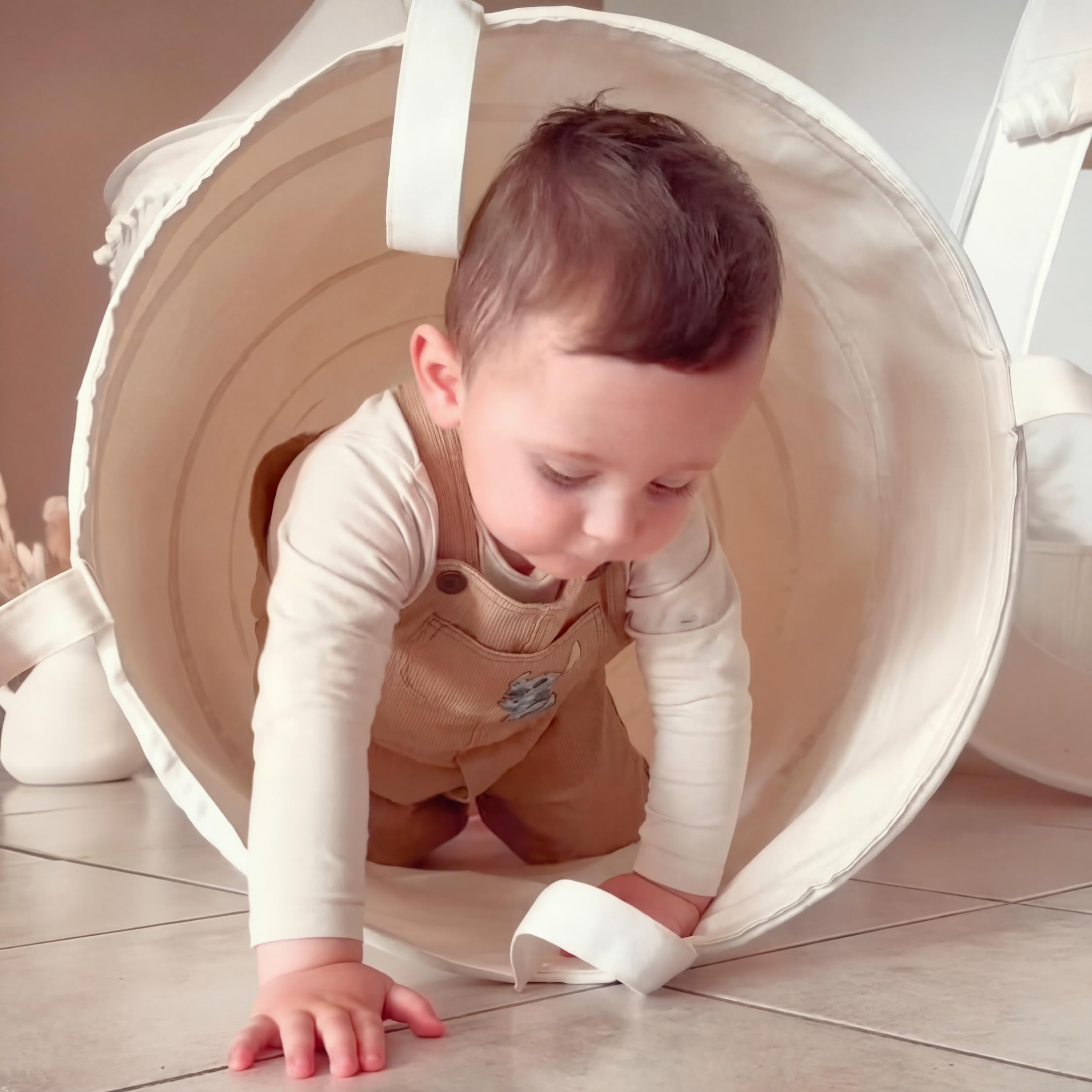 LIONHERZ® Spieltunnel für Kinder aus Baumwolle/Hanf mit Klettverschlüssen [180cm x 46cm] Krabbeltunnel für Baby | Faltbarer Pop-up Kriechtunnel | passend zu unserem runden Spielzelt (Cremeweiß)
