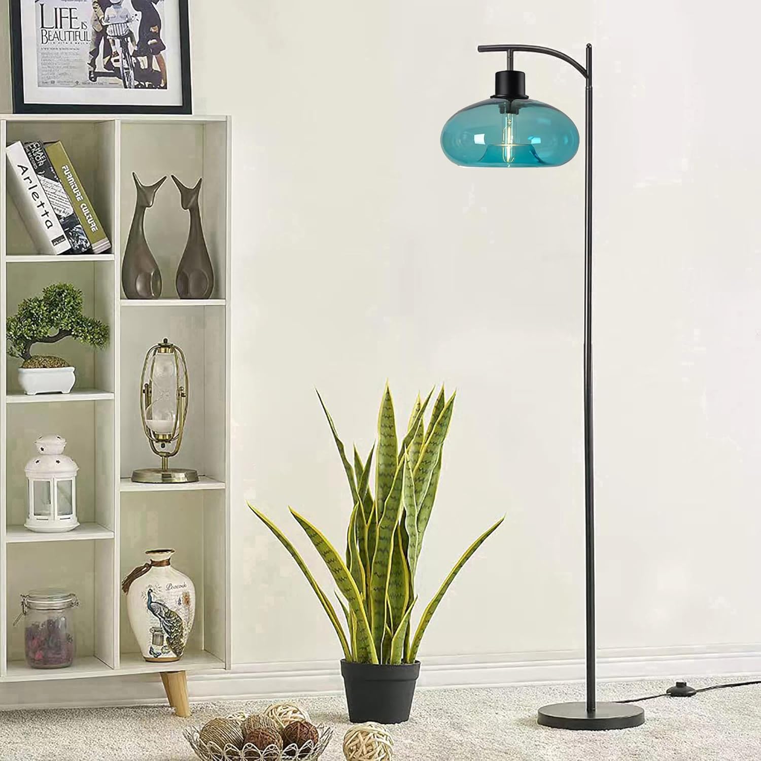 Industrial Floor Lamp, Modern Standing Light with Handblown Glass Shade, Tall Pole Farmhouse Corner Light for Living Room Bedroom Office, 3color Bulb Included (Blue)