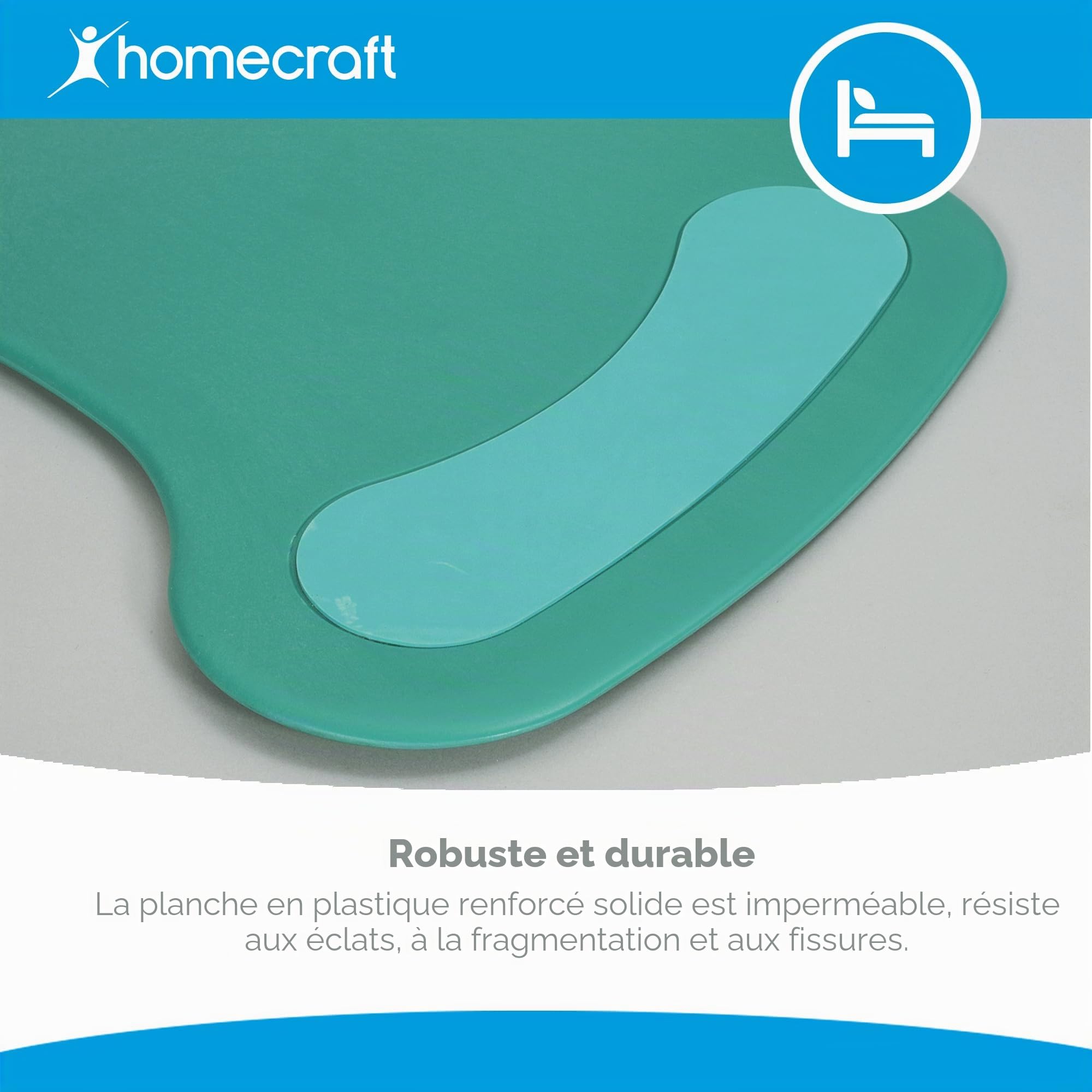 Days, planche de transfert incurvée, robuste, en plastique renforcé et imperméable, bords arrondis, extrémités antiglisse, pour personnes à mobilité réduite et utilisateurs de fauteuil roulant.