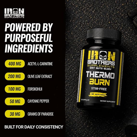 Iron Brothers Stimulant Free Fat Burner | Non Stim Thermogenic Metabolism Booster for Weight Loss | Caffeine Free Diet Pills with Acetyl L-Carnitine, Grains of Paradise & Forskolin | 60 Capsules