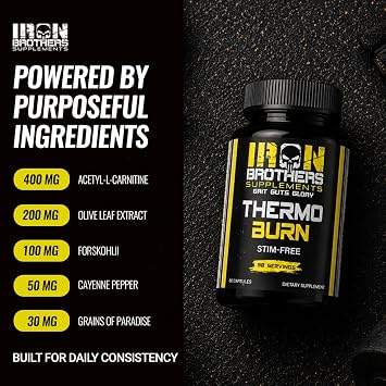 Iron Brothers Stimulant Free Fat Burner | Non Stim Thermogenic Metabolism Booster for Weight Loss | Caffeine Free Diet Pills with Acetyl L-Carnitine, Grains of Paradise & Forskolin | 60 Capsules