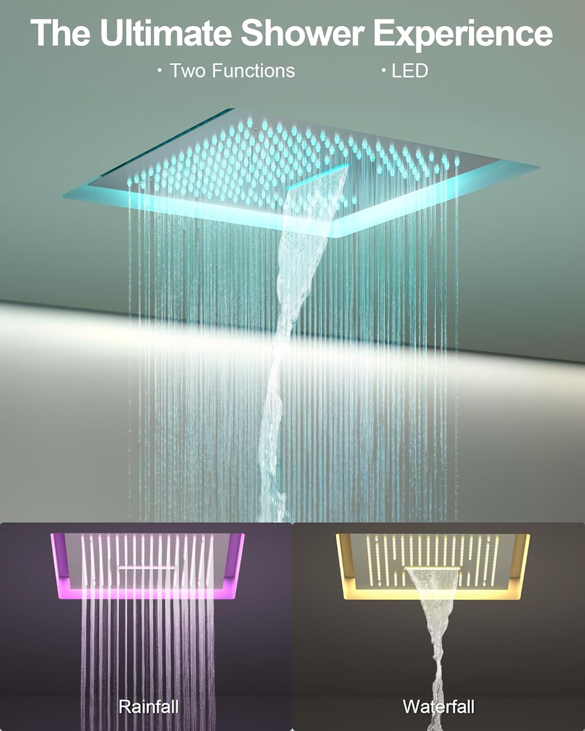 Thermostatic Shower System, 16 Inch Ceiling Waterfall Slide Bar Faucet Set with Handheld Sprayer & 64 LED Light, Brushed Nickel