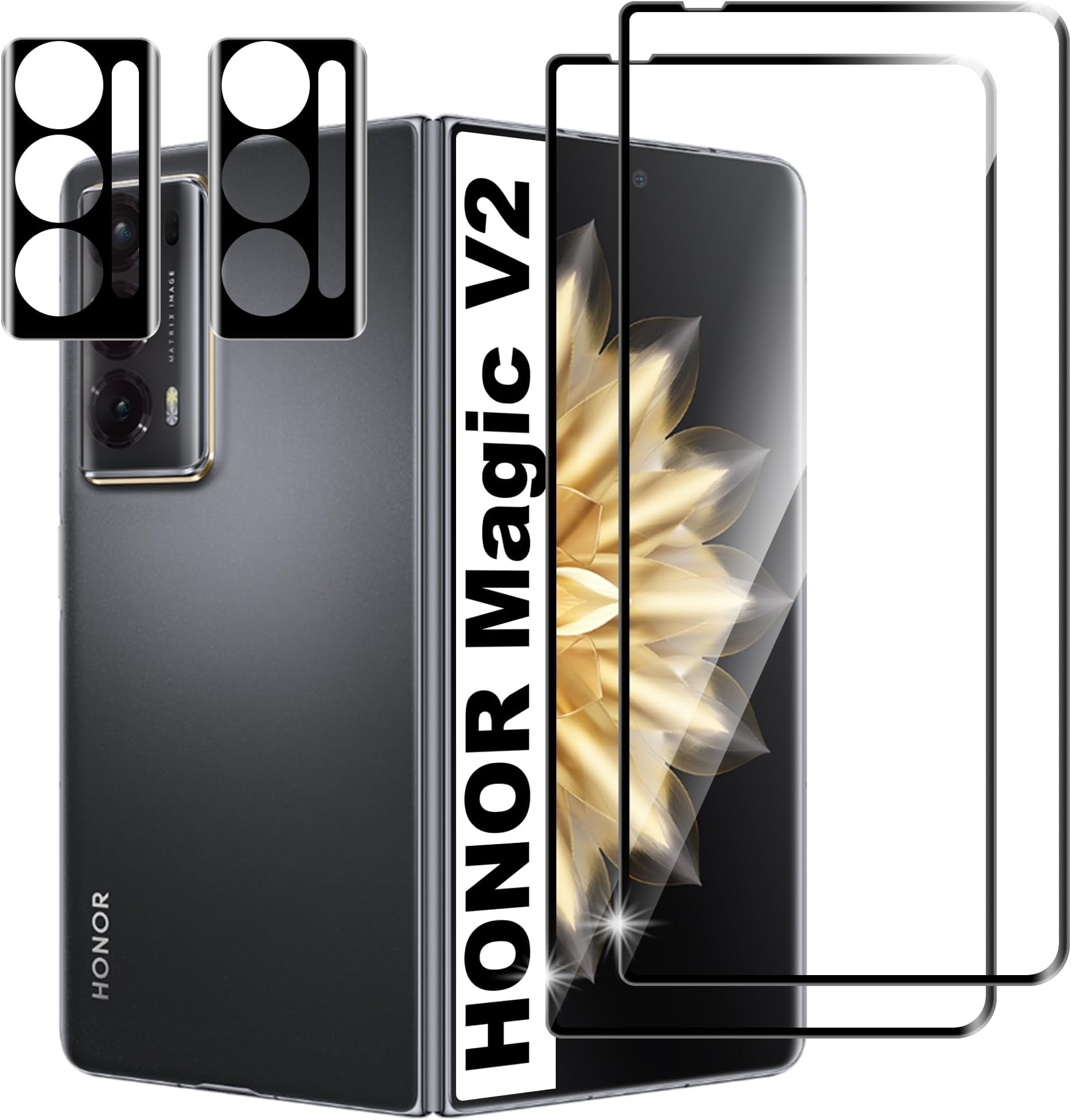 Lemxiee Tempered Glass for HONOR Magic V2 Screen Protector [2+2 Pack] Camera Lens Protector and Screen Protector [9H Hardness] [HD] Rear Camera Protector Film Tempered Glass Film