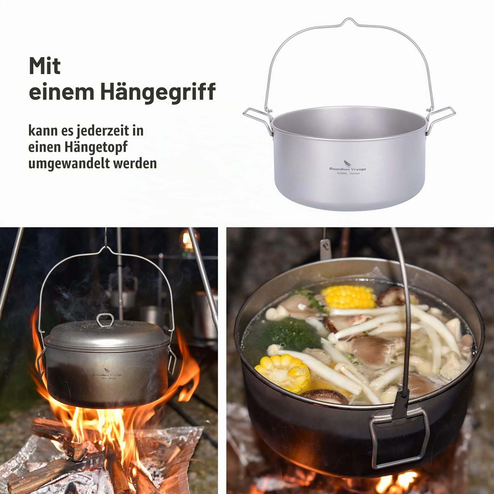 iBasingo Titan SuppeTopf 4.5L Outdoor Kochgeschirr für Camping, Picknick, Wandern und Reise Küchengeschirr Kochkit Ti2112C