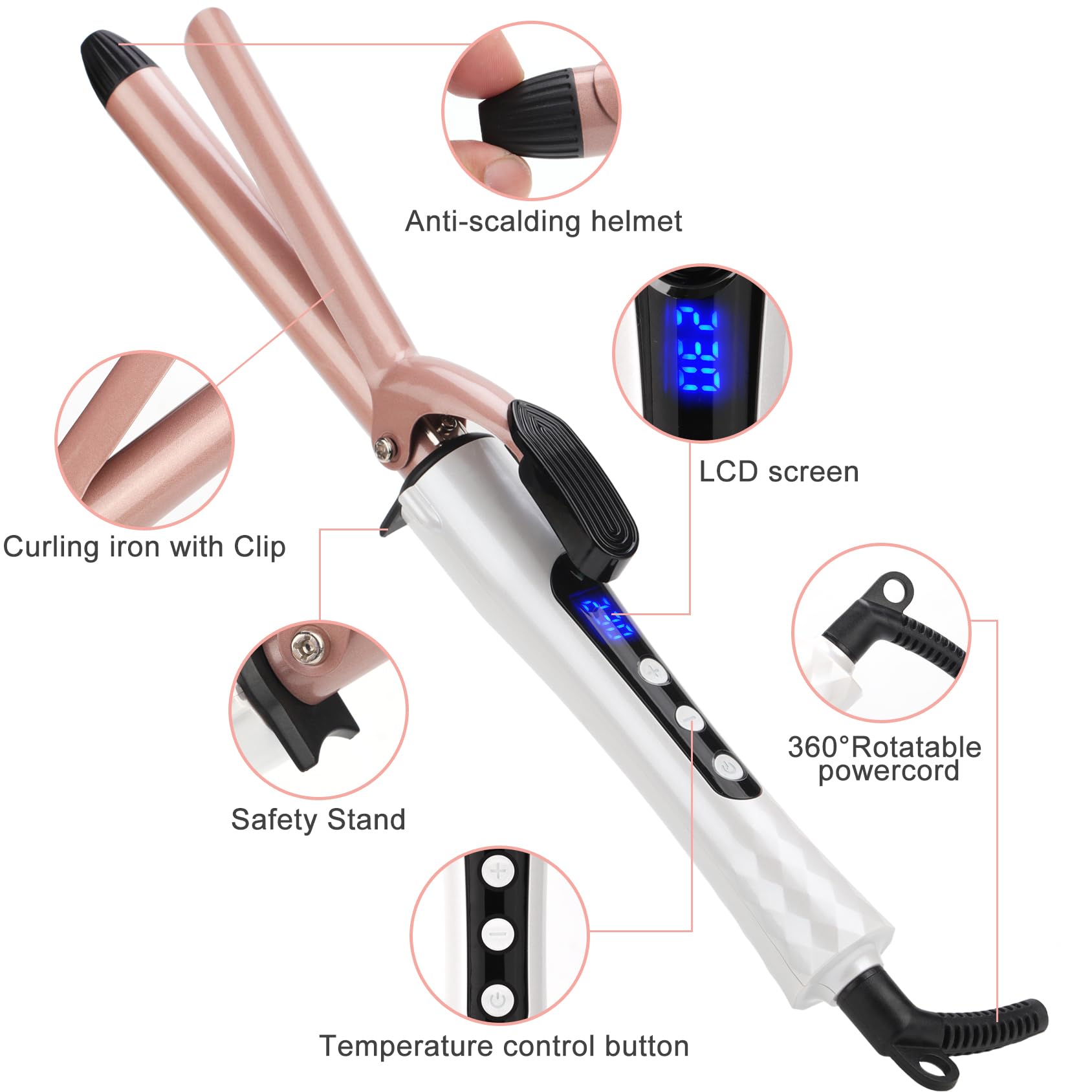Ferro arricciacapelli professionale da 3/4 pollici, ferro arricciacapelli con clip in ceramica per capelli corti e lunghi, display LCD con guanto, doppia tensione