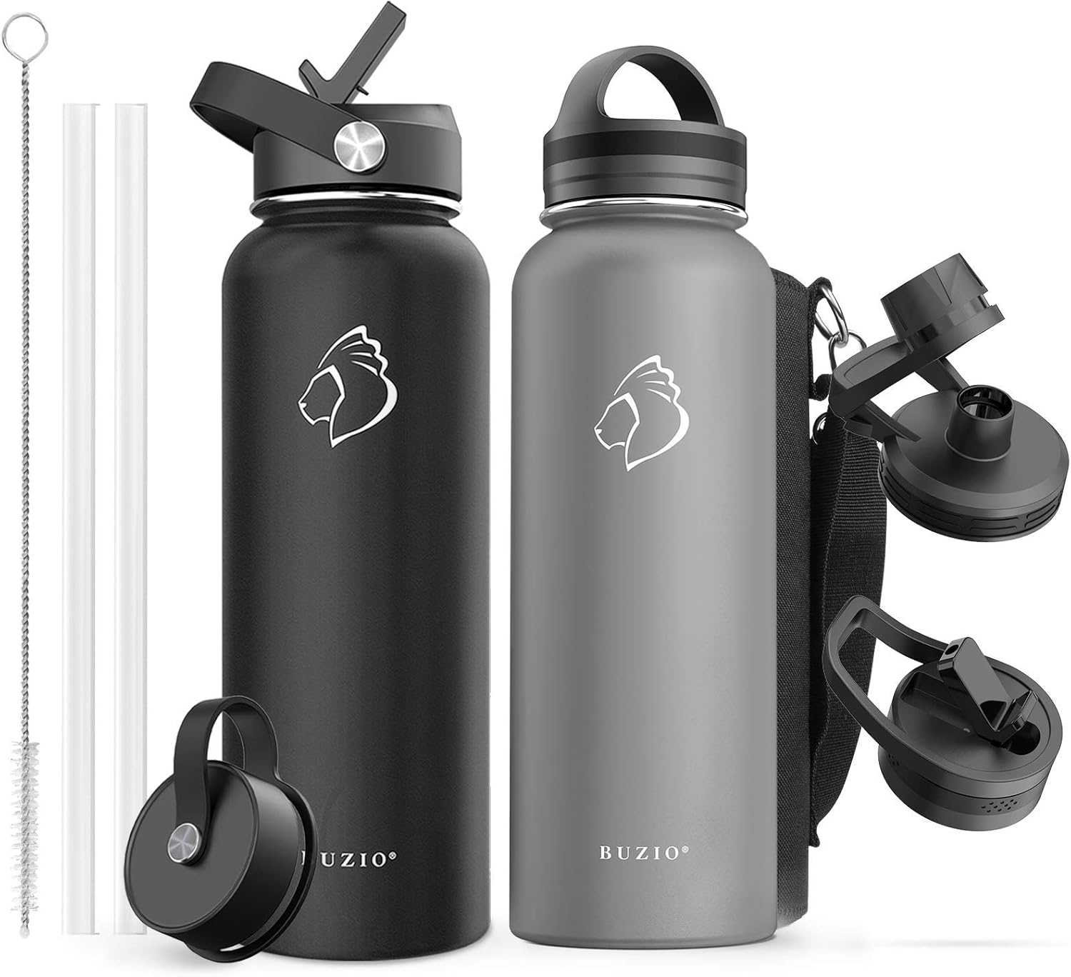 BUZIO Vacuum Insulated Stainless Steel Water Bottle 40oz with 40oz Insulted Three Caps Water Bottle