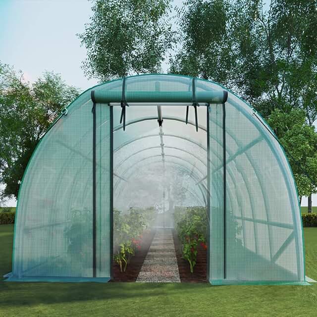 AMERLIFE 20x10x7 Large Walk-in Tunnel Greenhouse Zipper Mesh Door with Automatic Watering System 5 Sprinklers 12 Mesh Wind...