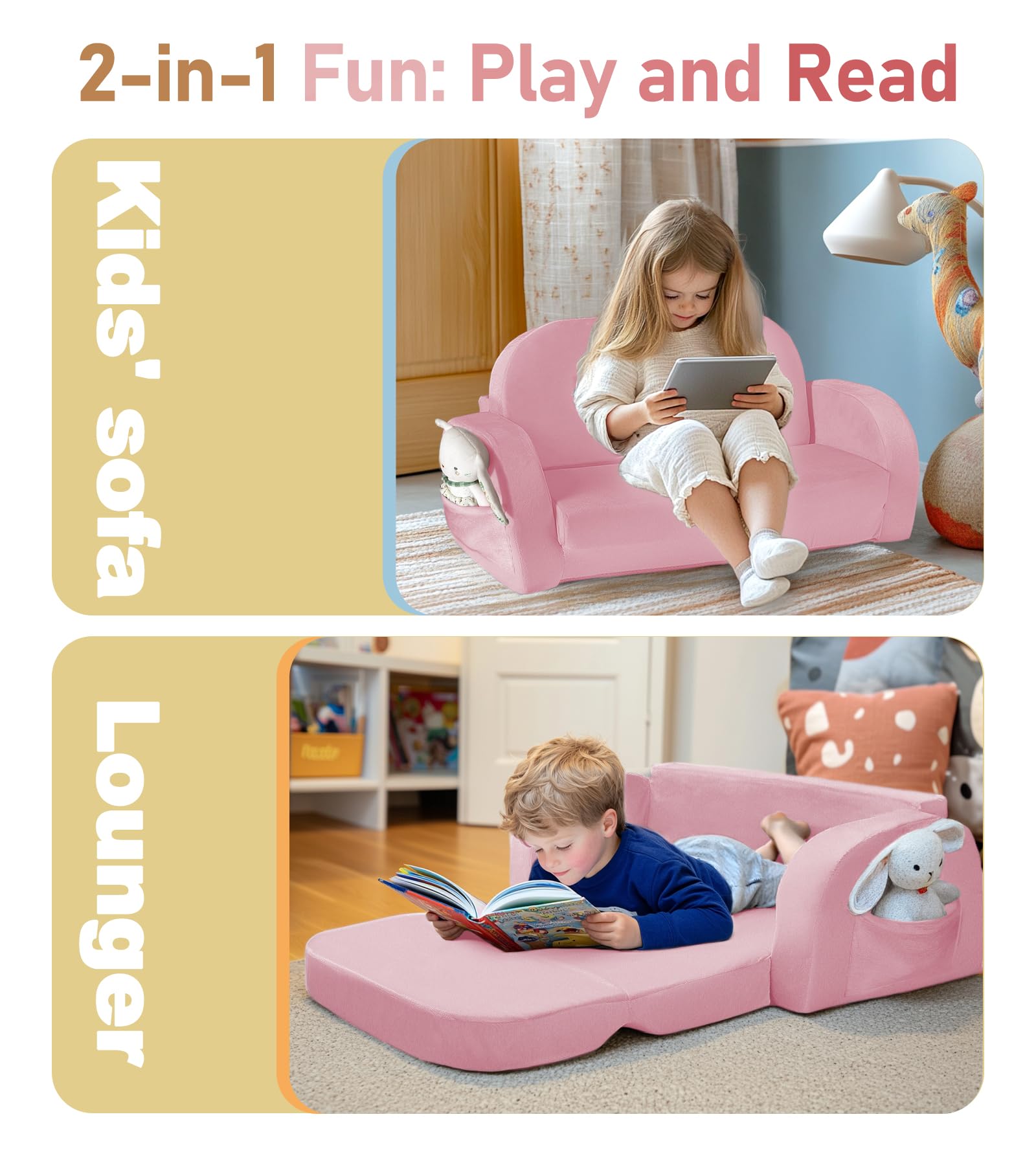 SLIGUY Kids Couch, Fold Out Kids Sofa Chair, Toddler Convertible Sofa To Lounger Pull Out Couch, Glow In The Dark Sofa Chair For Boys And Girls (Pink Unicorn