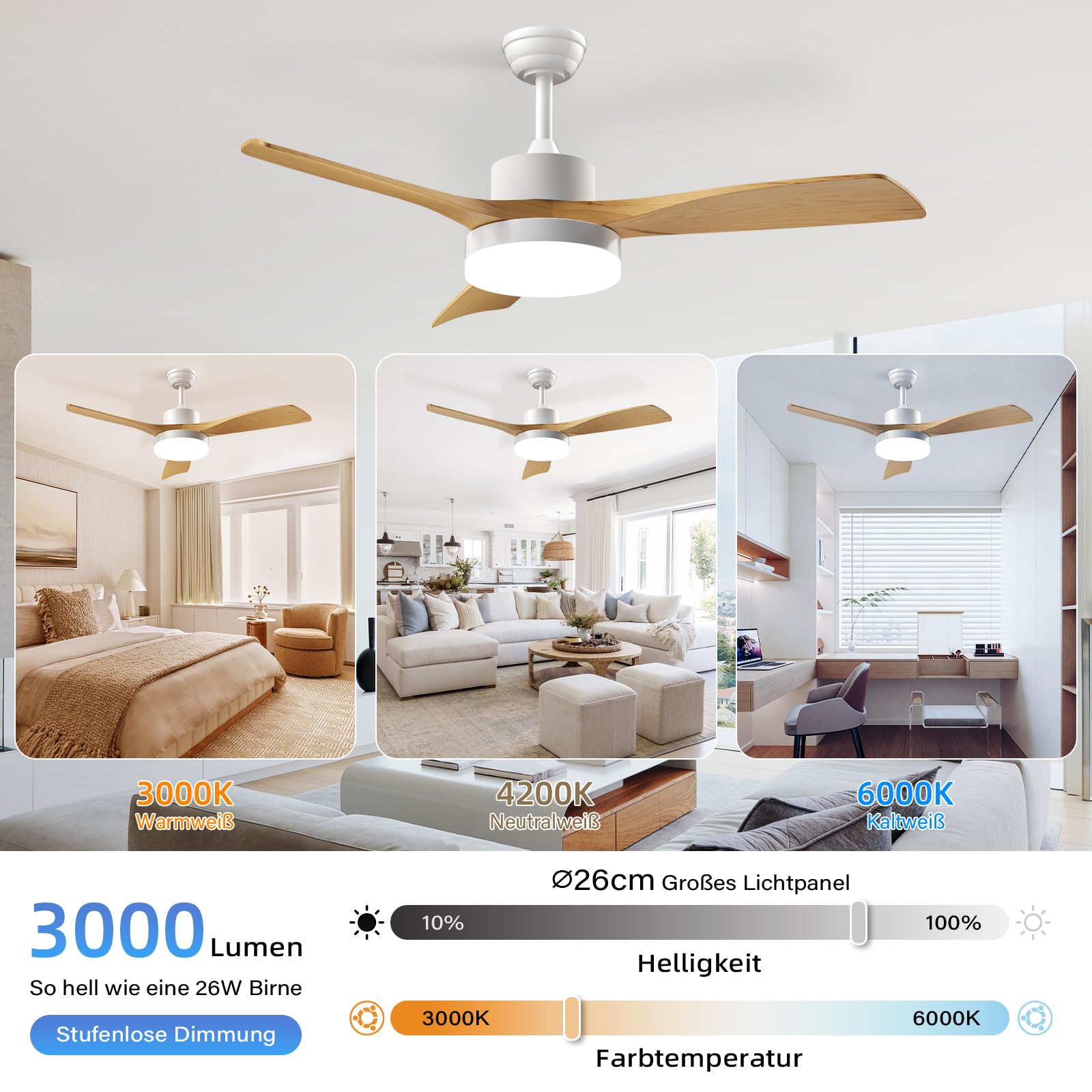EppieBasic Ventilateur de Plafond avec Lumière LED 3000LM 132cm Moteur DC Silencieux Télécommande 6 Vitesses 3 Pales Bois Design Moderne