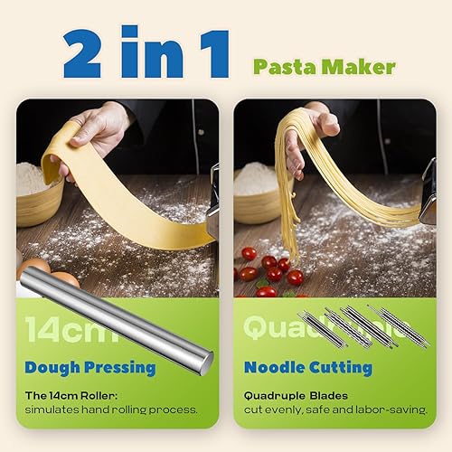 Miniatura 3 de Máquina automática para hacer pasta eléctrica, rodillo de masa de pasta fresca, acero inoxidable (4 cuchillas para fideos planos de 0.079 in, 0.098
