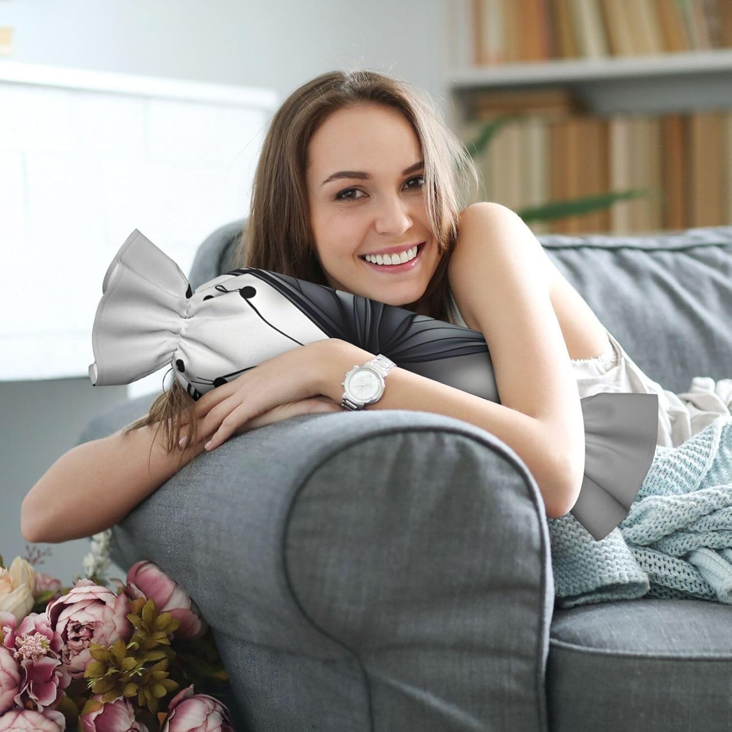 Gray Teal Flower Butterfly Print Candy Cylindrical Comfortable Pillow Throw Pillows Home Decor Easy Maintenance