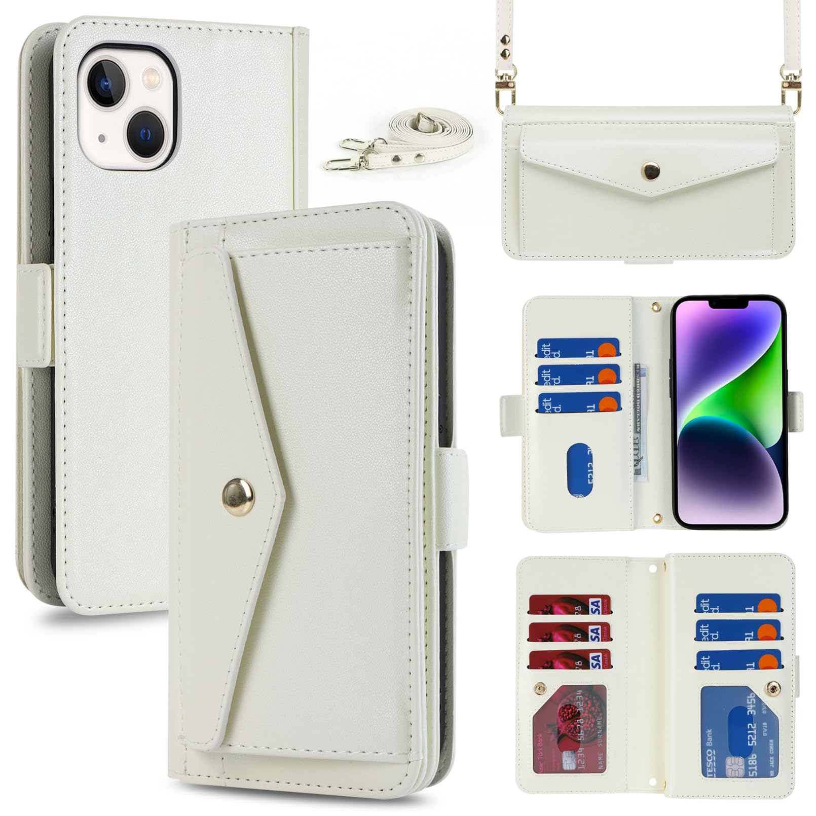 Jaorty for iPhone 14 Plus Wallet Case with Crossbody Lanyard Strap,iPhone 14 Plus Flip PU Leather Phone Case Purse Cover for Women Men with 9 Card Holder Slots,Cash Coin Pocket 6.7 inch,White