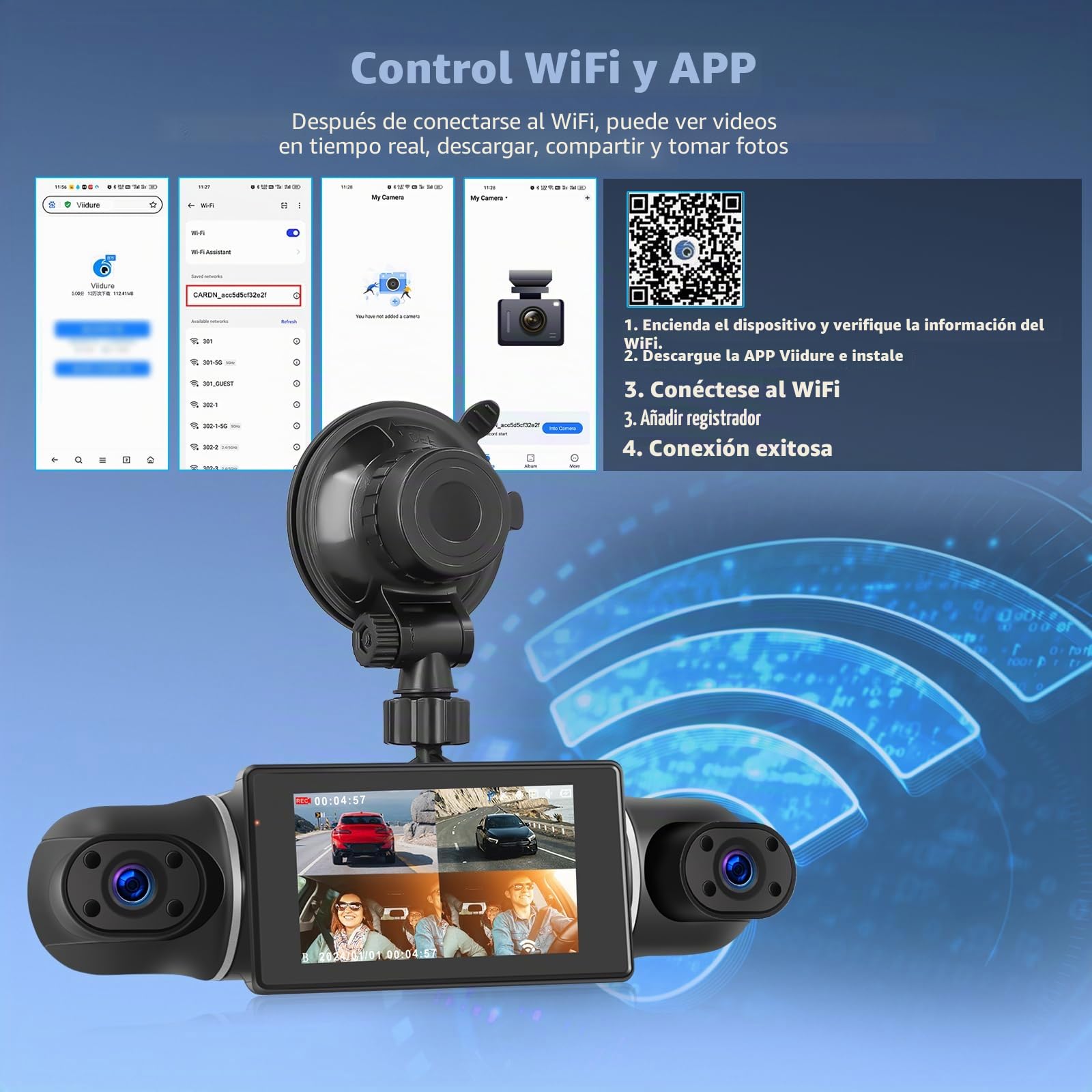 Camara de Salpicadero para Coche, Cámara para Salpicadero de 4 Canales Delante y Detrás, Dashcam Coche con Pantalla IPS de 3 Pulgadas con Visión Nocturna WiFi, Sensor G, Grabación en Bucle