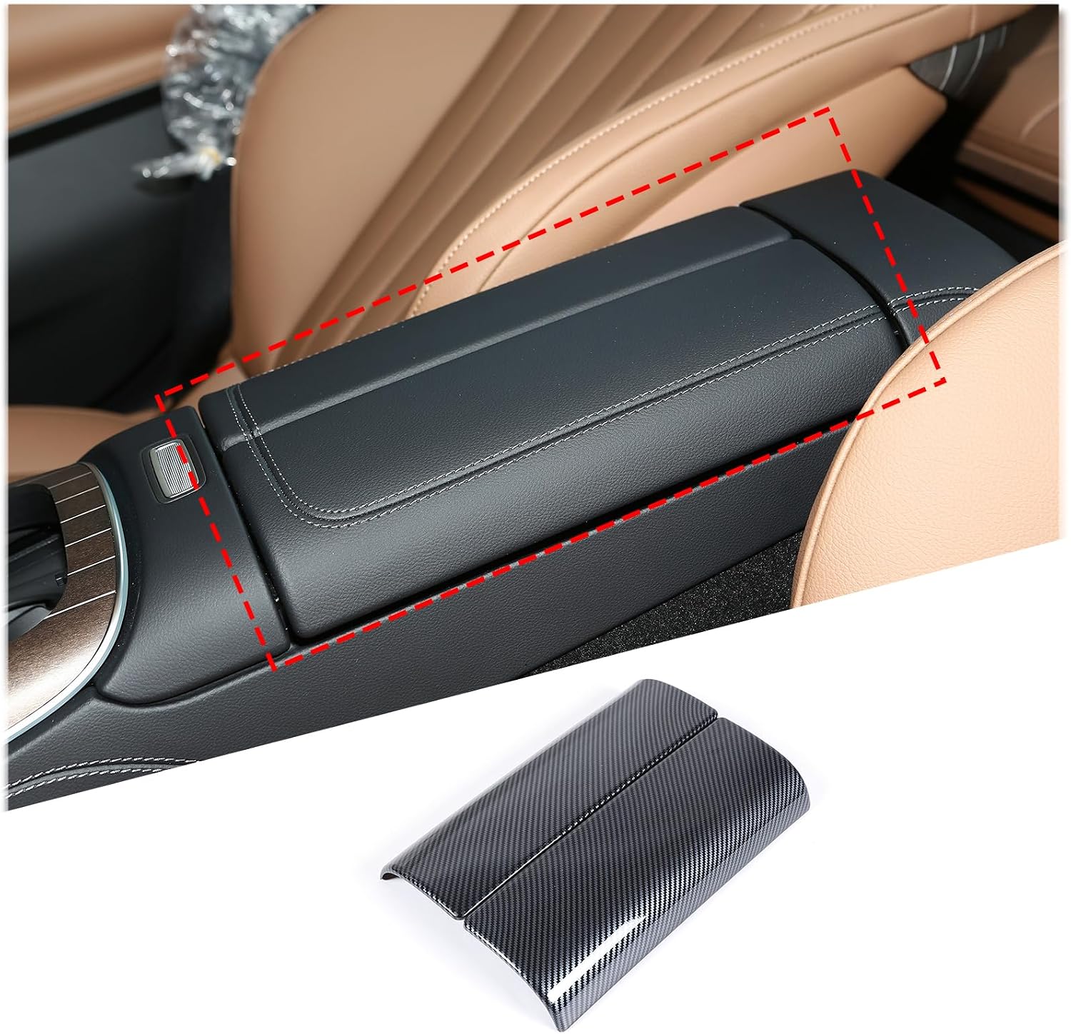 Center Console Storage Box Trim Cover Compatible with Mercedes Benz E Class 2024 Accessories ABS Car Interior Console Armrest Box Panel Cover Trim Carbon Fiber Texture Black