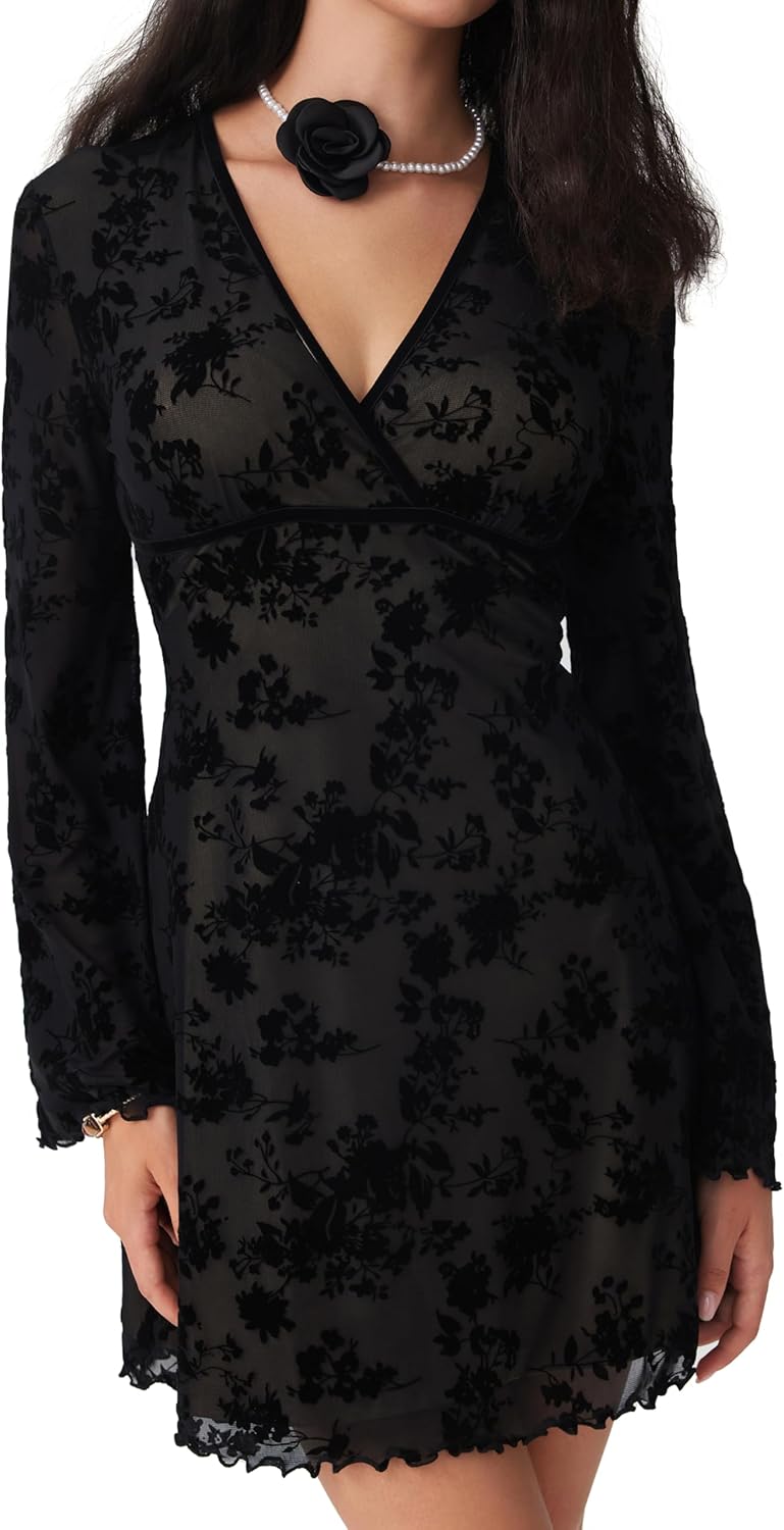 CIDER Womens Floral Print Long Sleeve Mini Dress Sheer Party Dress - Image 3