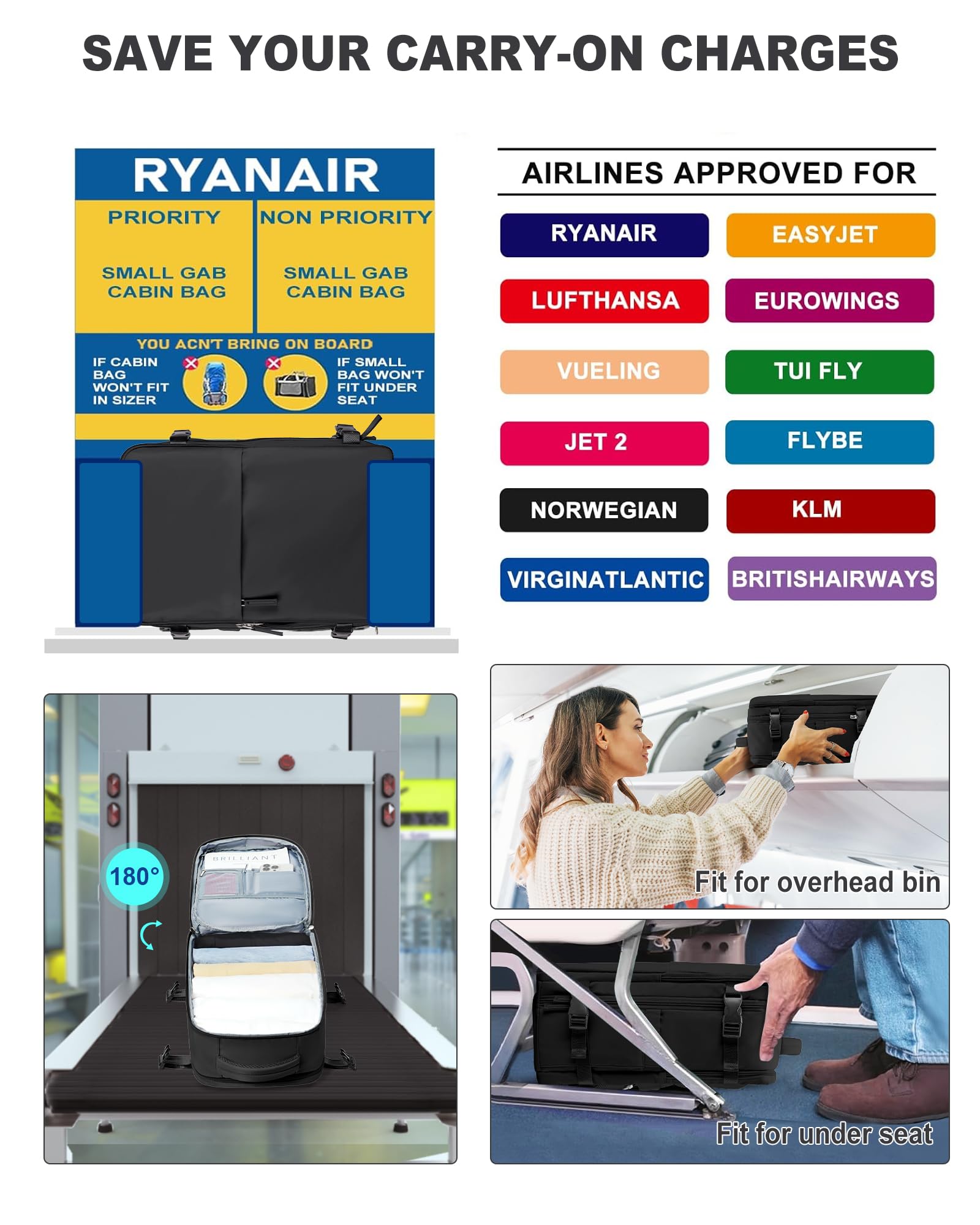 SZLX Zaino Ryanair 40x30x20 Sottovuoto Bagaglio a Mano 40x20x25 Sottovuoto Borse da Cabina per Easyjet 45x36x20 Zaino da Viaggio Donna con Porta USB, Borsa Impermeabile Adatto a PC da 14 Pollici
