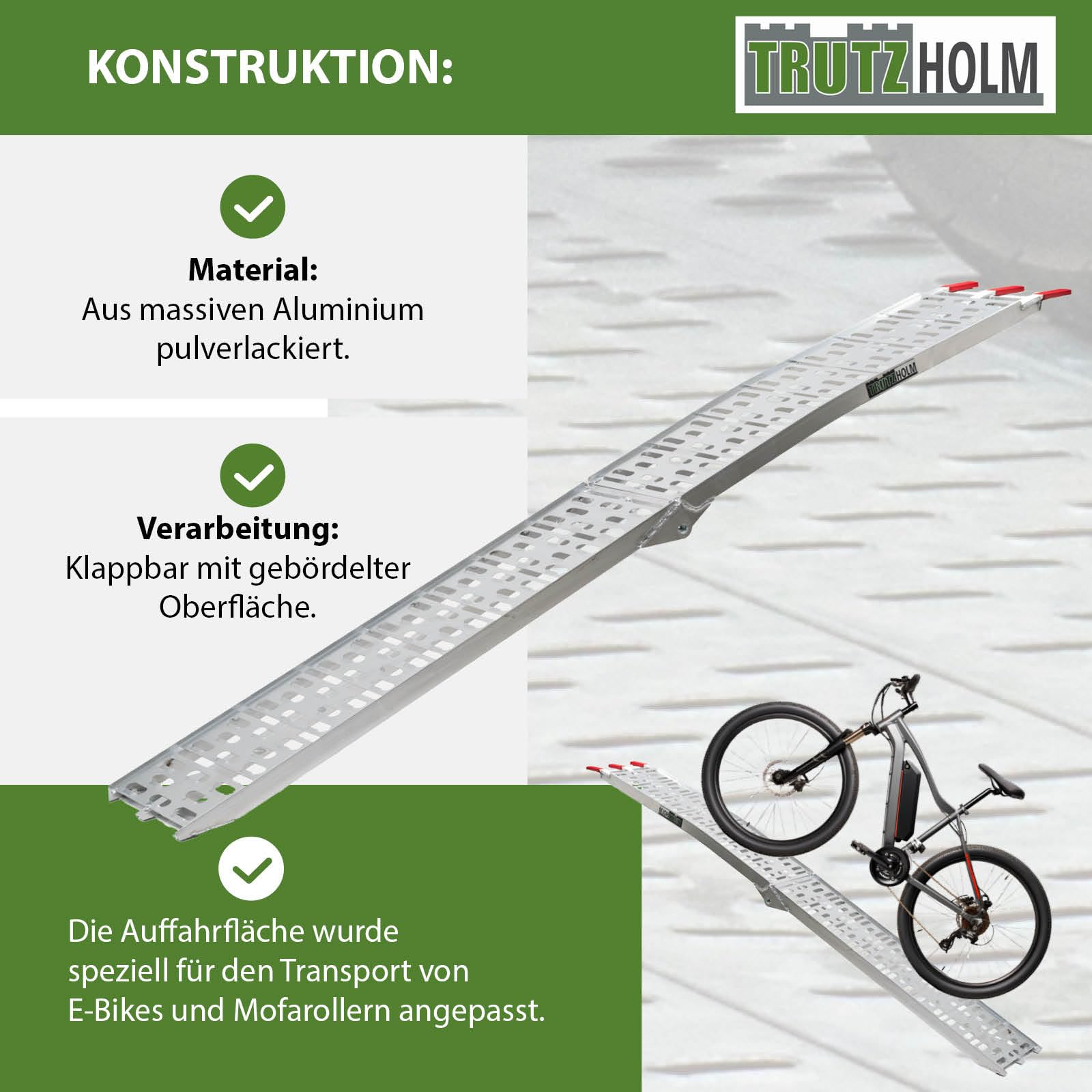 TRUTZHOLM Auffahrrampe klappbar 228 cm Tragkraft 340 kg Aluminium Rampe Faltbare Alu Verladerampe ATV Quad Motorradrampe Laderampe inkl. Spanngurt(1 x Rampe grau)