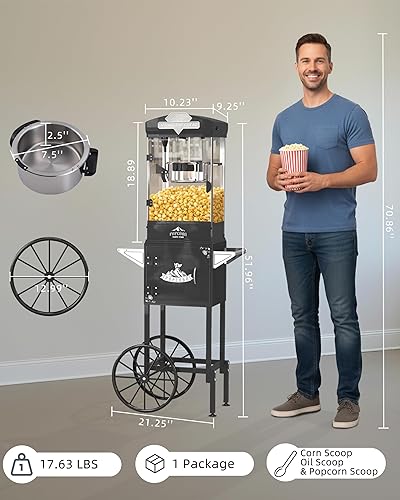 Miniatura 7 de Máquina de palomitas de maíz de 10 onzas con hervidor fácil de desmontar, carrito de máquina de palomitas de maíz hace 40 tazas, estilo cine,