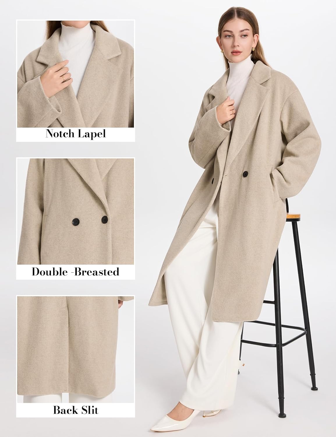 PEHMEA Women's Wool Blend Mid-Length Coat for Fall Winter, Single-Breasted Warm Classic Peacoat for Office Casual Outerwear