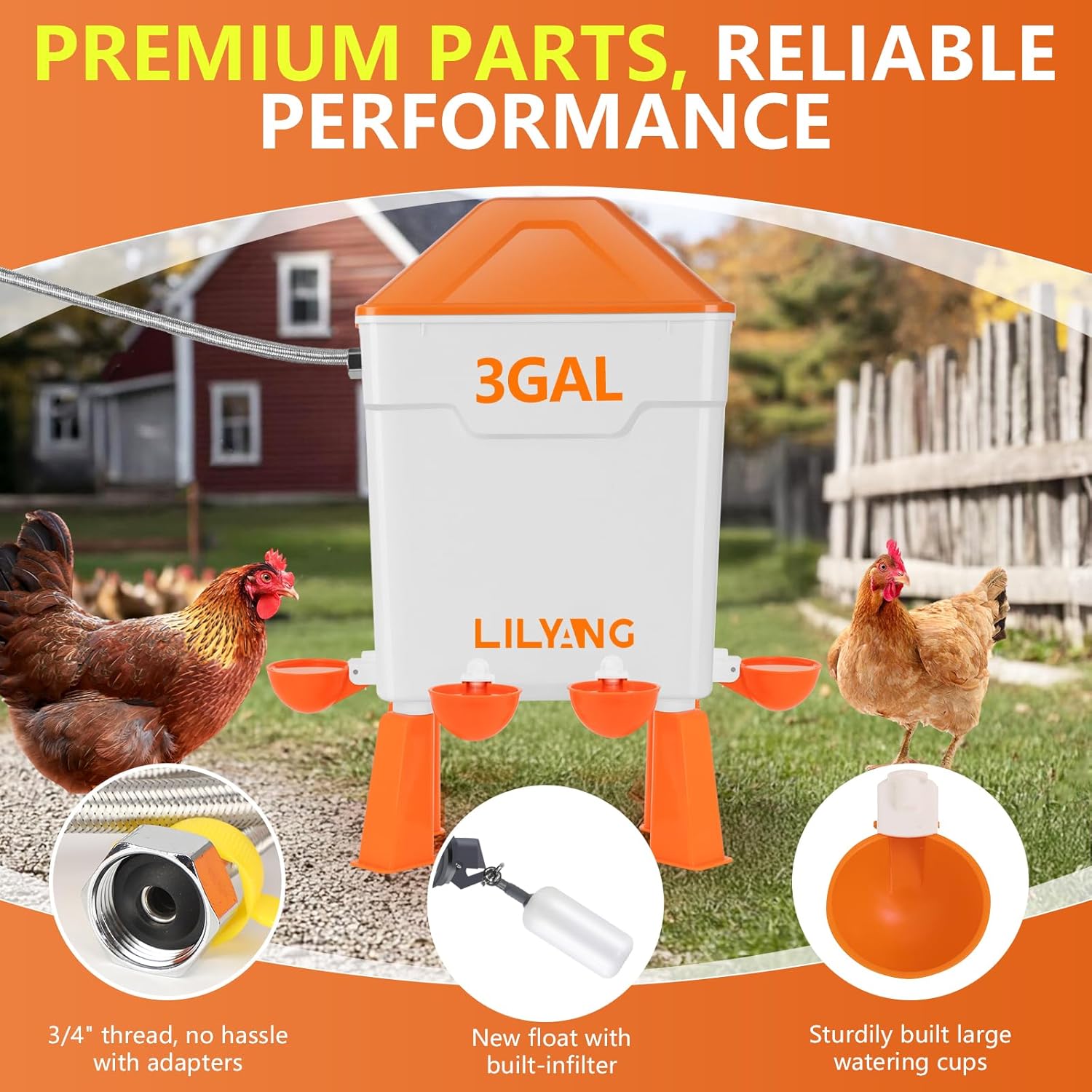 Lilyang Automatic Chicken Waterer 3 Gallon | Float-Control Auto Waterer, Hanging/Standing Design, Connect to 3/4'' Faucet & Hose, Effortless Hydration Solution for Backyard Coop & Small Farm