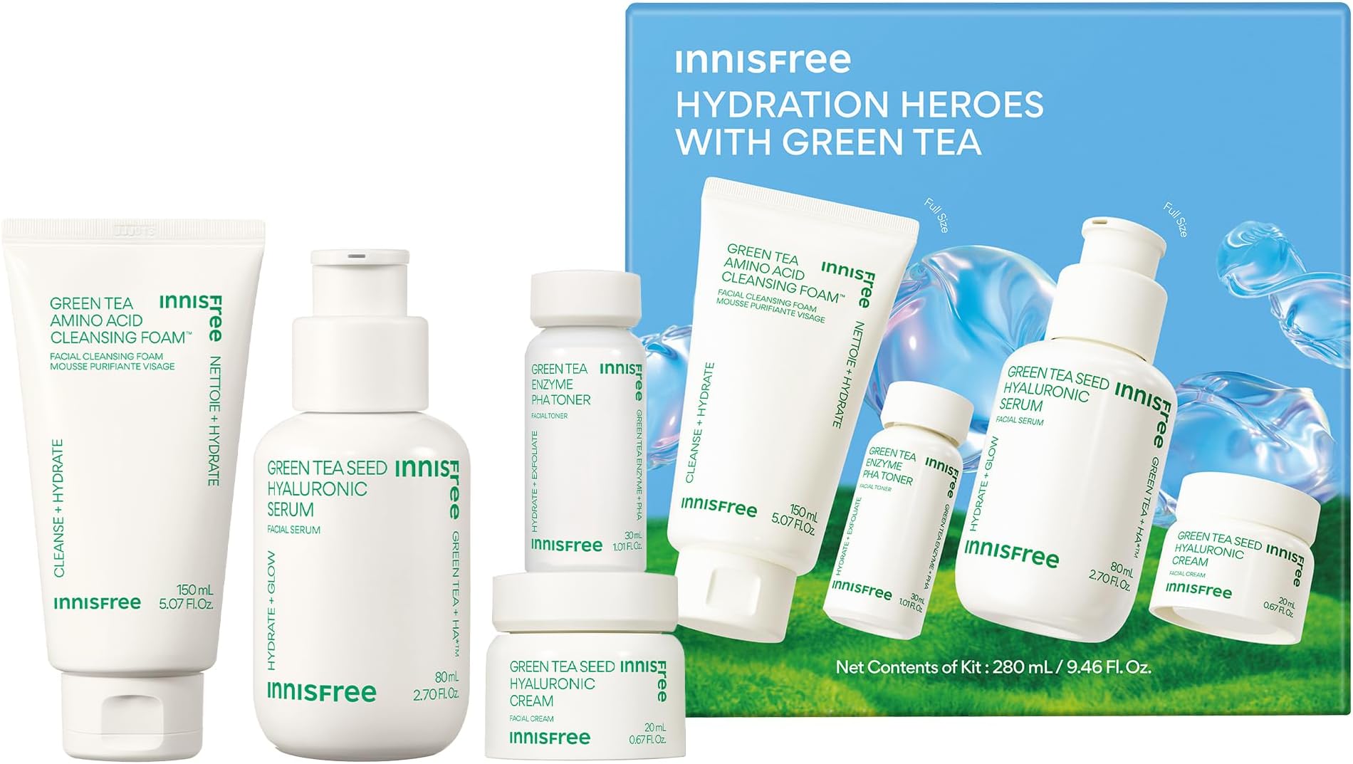 Green Tea Seed Hydrating Serum with Hyaluronic Acid & Niacinamide, Korean Face Serum for Glow & Skin Barrier Suport, Available in Refill & Sets