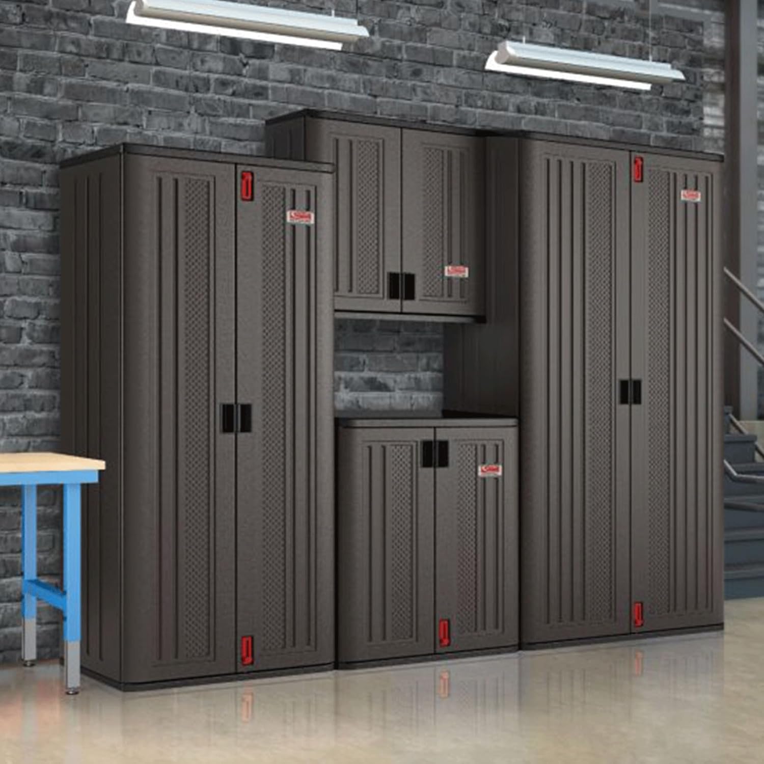 Suncast Commercial 4 Shelf Mega Tall Storage Cabinet, Lockable Garage Utility Shelving Unit, Heavy Duty Plastic Resin Organizer, Gray