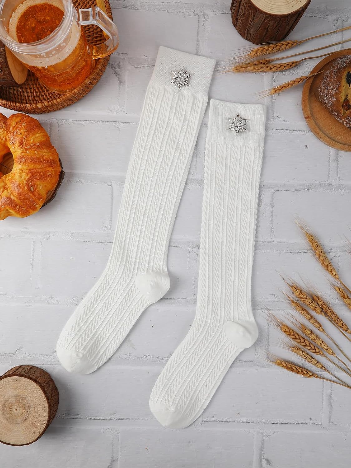 Oktoberfest Socks Women with 2 Pcs Edelweiss Flower Brooches White Stocking