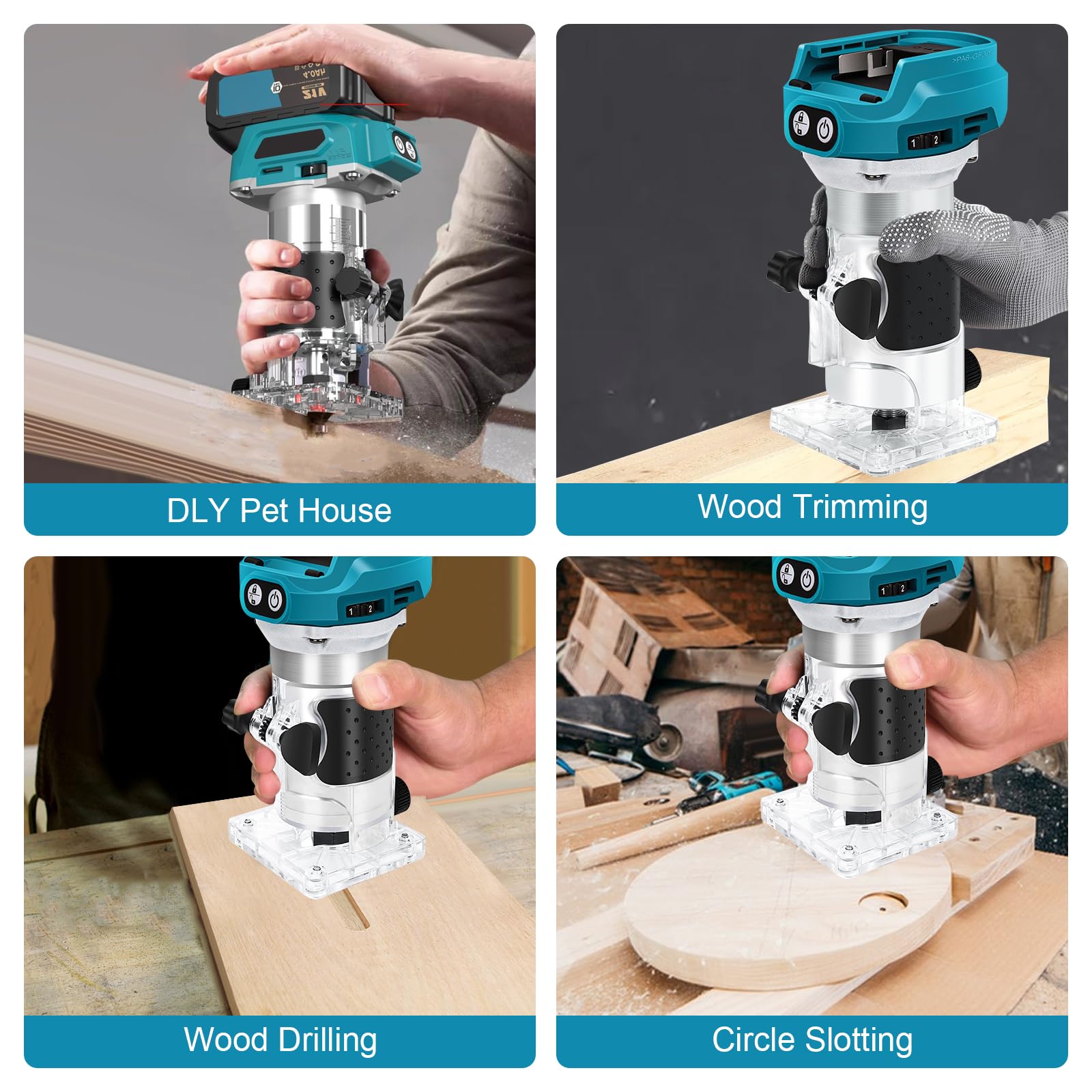 Akku Oberfräse kompatibel mit Makita 18V Akku, 1300W Oberfräse Trimmer Einhandfräse, Bürstenloser Kantenfräser mit 6 Geschwindigkeit, 28.000 U/min Akku-Holzfräser für Holzbearbeitung (no Akku) (Blue)