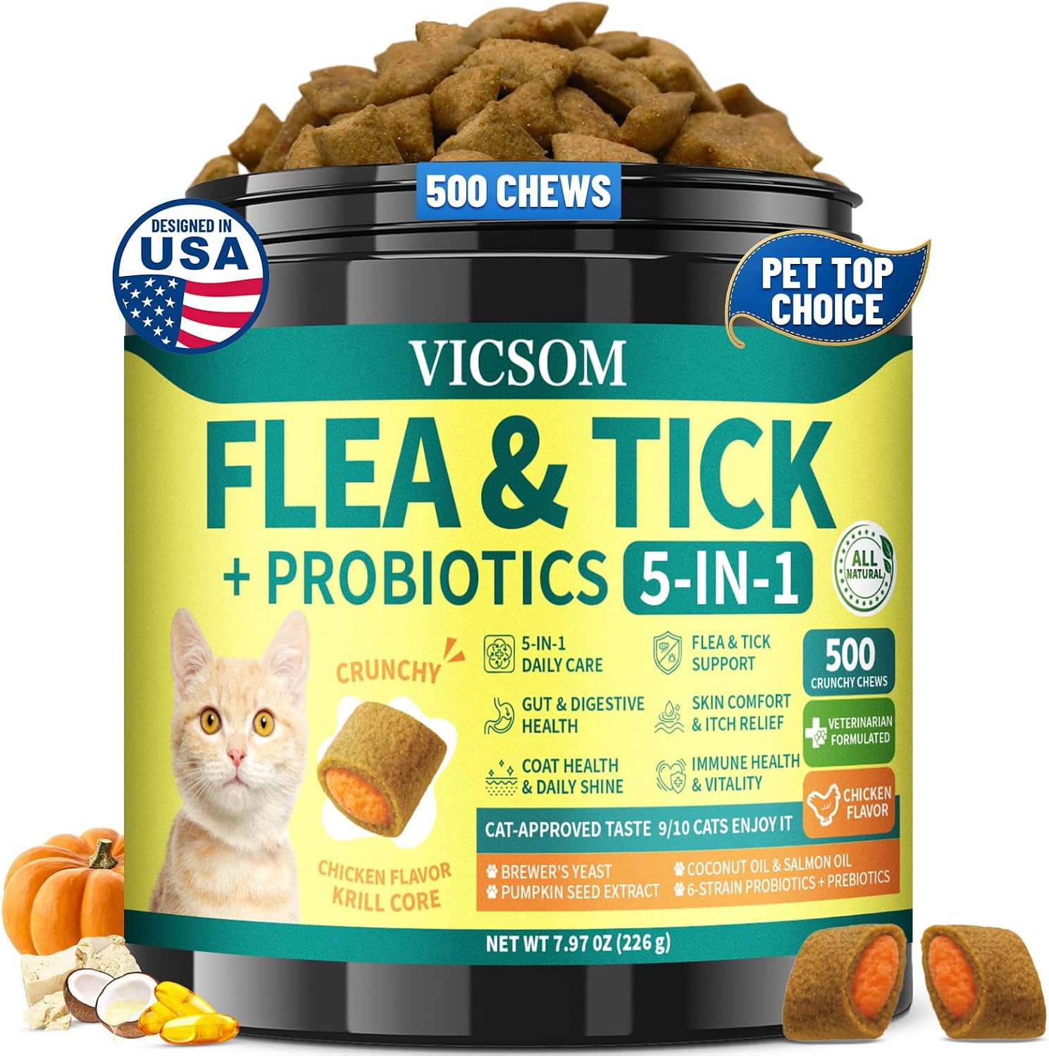 VICSOM Flea and Tick Prevention for Cats, Probiotics for Cats, 500 Chews
