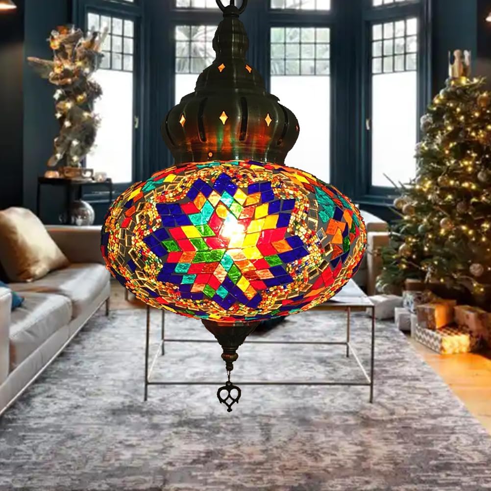Turecka marokańska lampa wisząca z kablem o długości 4,5 m i łańcuchem, vintage mozaika, lampa sufitowa z wtyczką, do sypialni, salonu, brązowa