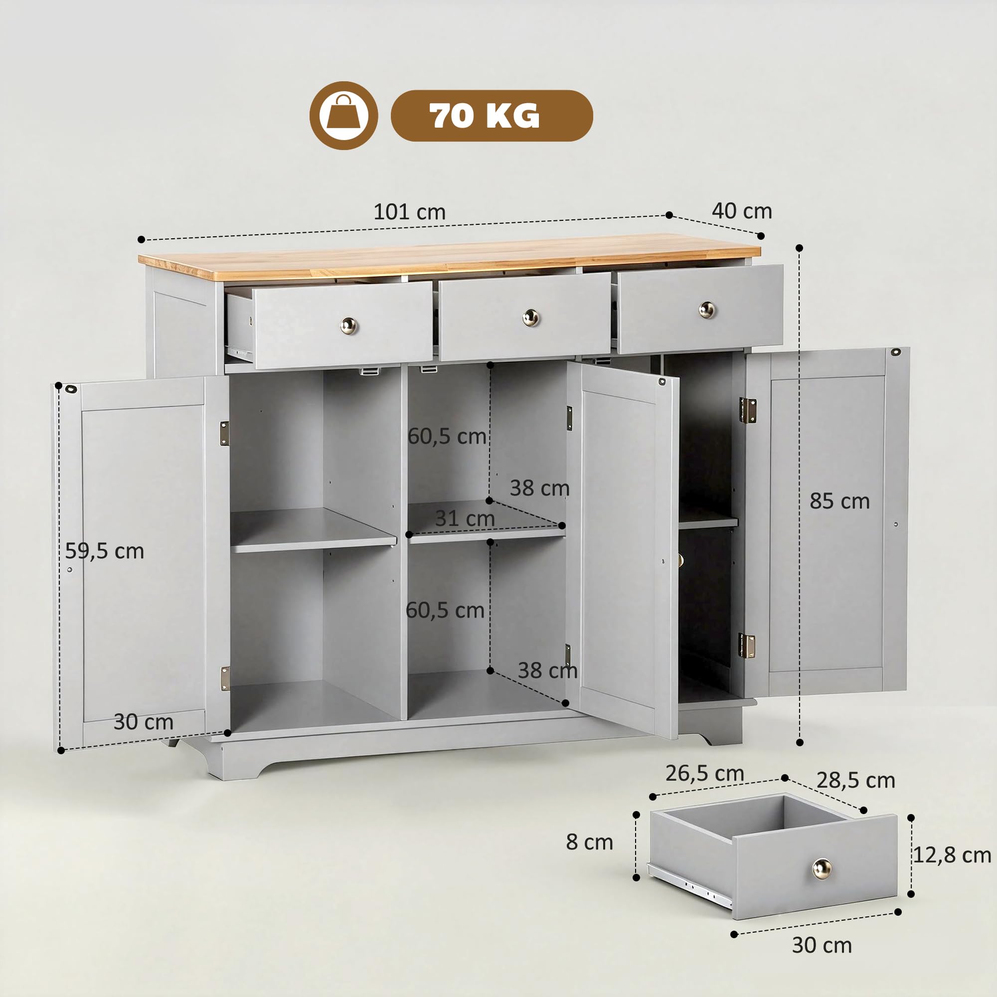 HOMCOM Aparador de Cocina con 3 Cajones 3 Puertas y Estantes Ajustables Mueble Auxiliar de Almacenaje para Comedor Salón Estilo Moderno Antivuelco 101x40x85 cm Gris