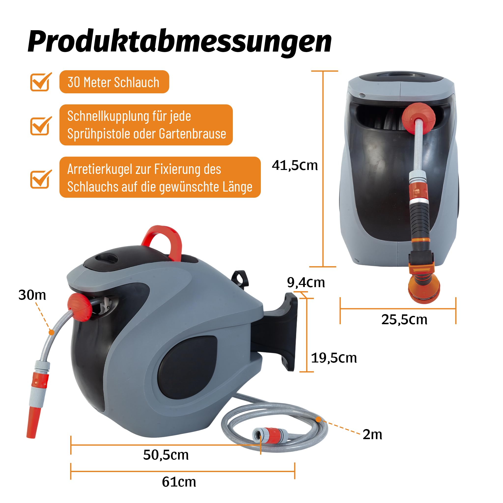 Schlauchbox RollUp 30 m – 180° Schwenkbare Schlauchtrommel, Flexible Bewässerung für Große Gärten, inkl. Wandhalterung, 30 m Gartenschlauch und Ergonomischer Spritze (Graulbau)