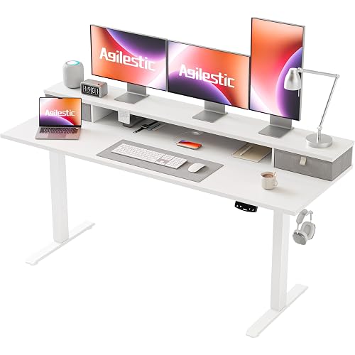 Agilestic 63 * 24 Inch Electric Standing Desk with Drawers, White | Electric Height Adjustable, 2 Storage Drawer, Monitor Stand, Sturdy Steel Frame, Memory Presets, Hooks, 154 lbs, Splice Board